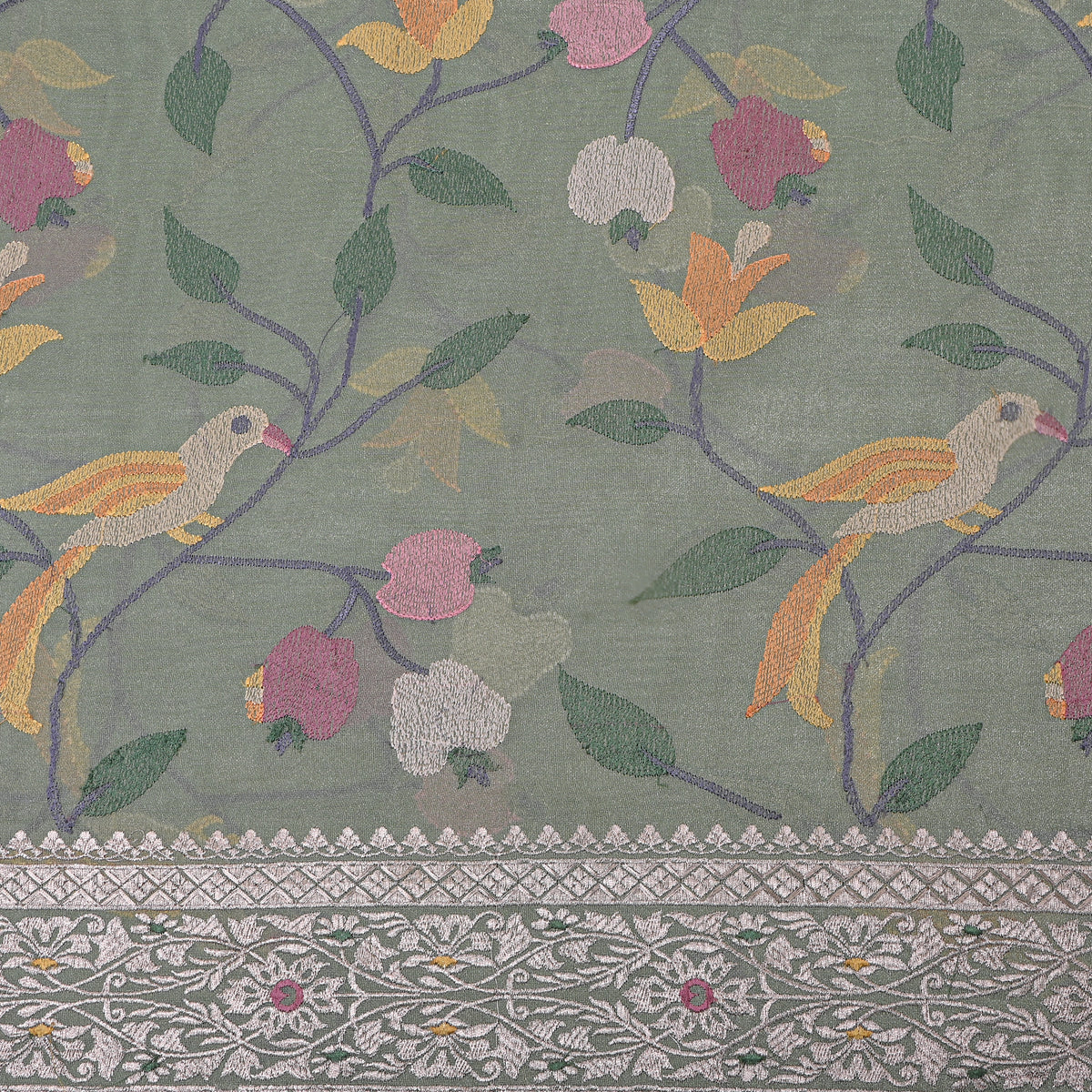 Sage Green Bird Branch Embroidered Tissue Fabric
