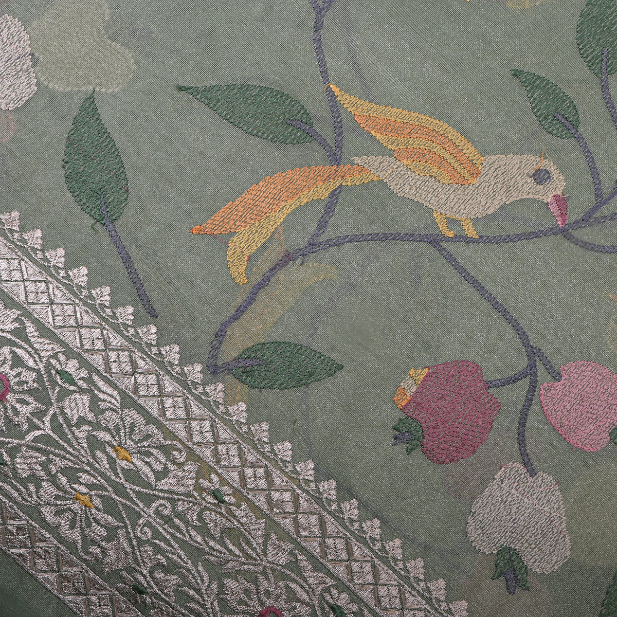 Sage Green Bird Branch Embroidered Tissue Fabric
