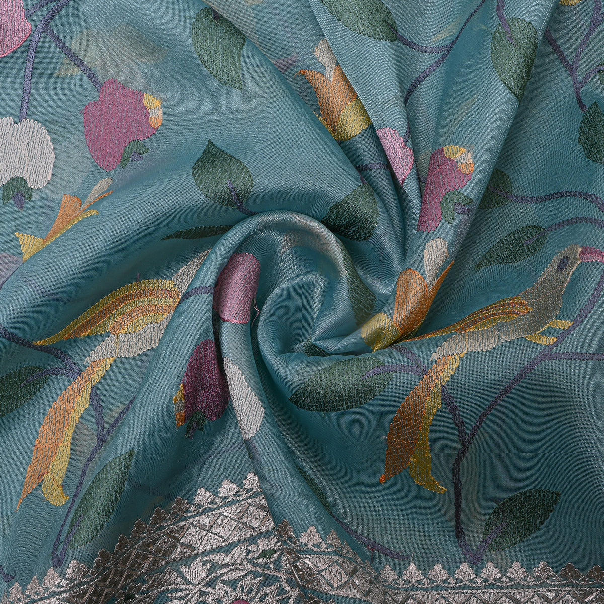 Teal Blue Silver Border Bird Thread Work Tissue Fabric