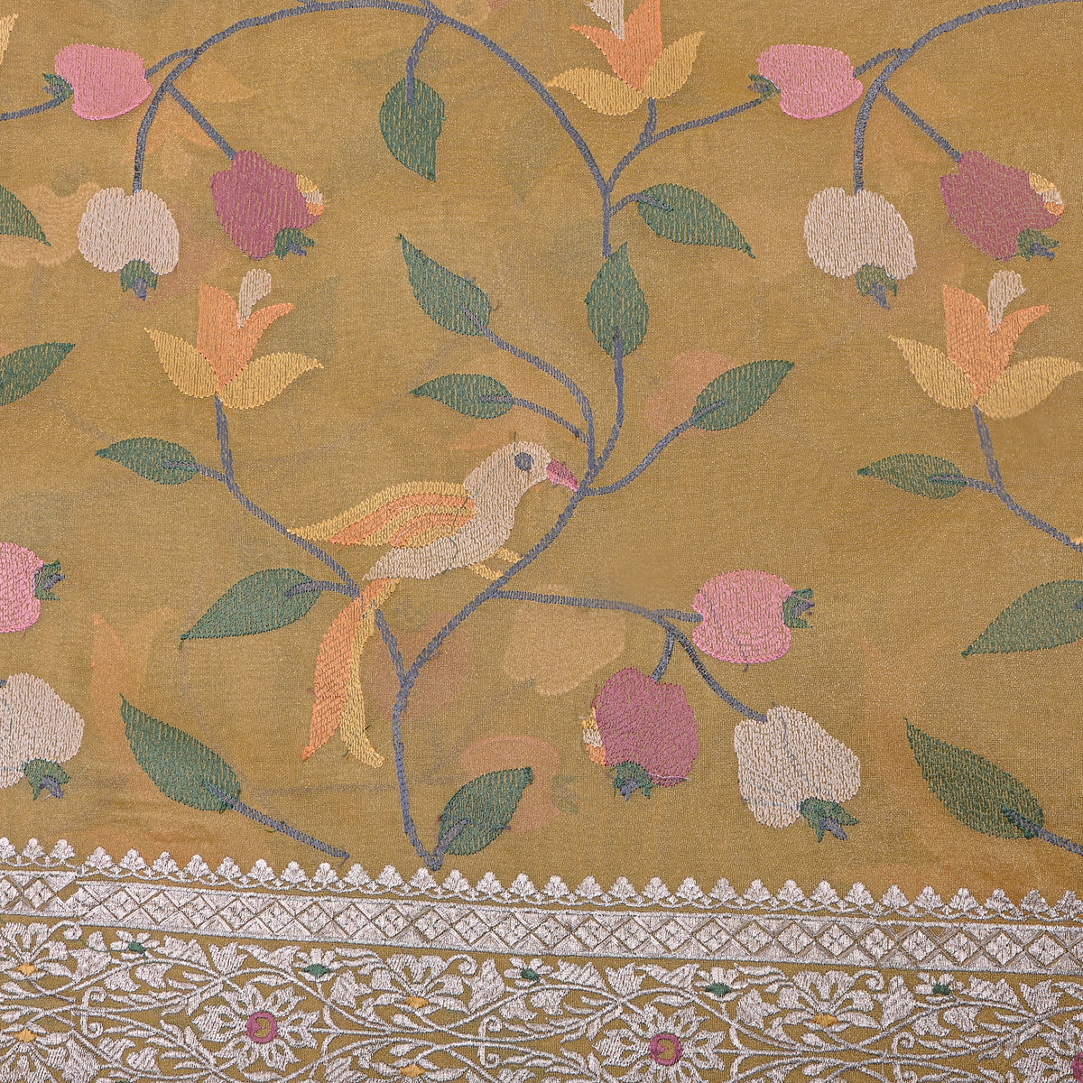 Mustard Gold Bird Vine Thread Embroidered Tissue Fabric