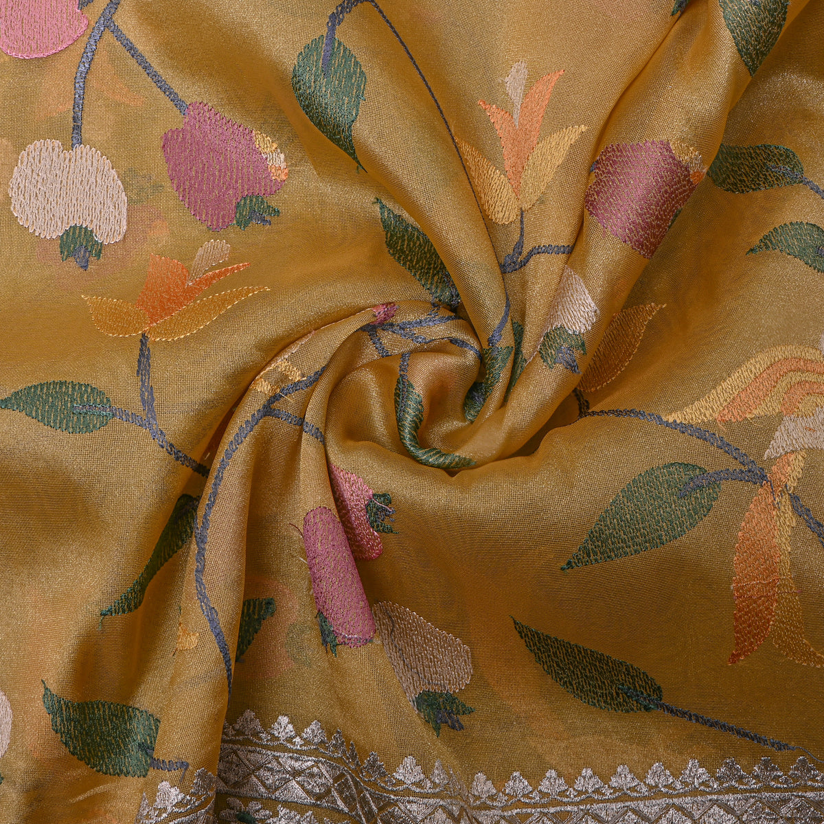 Mustard Gold Bird Vine Thread Embroidered Tissue Fabric