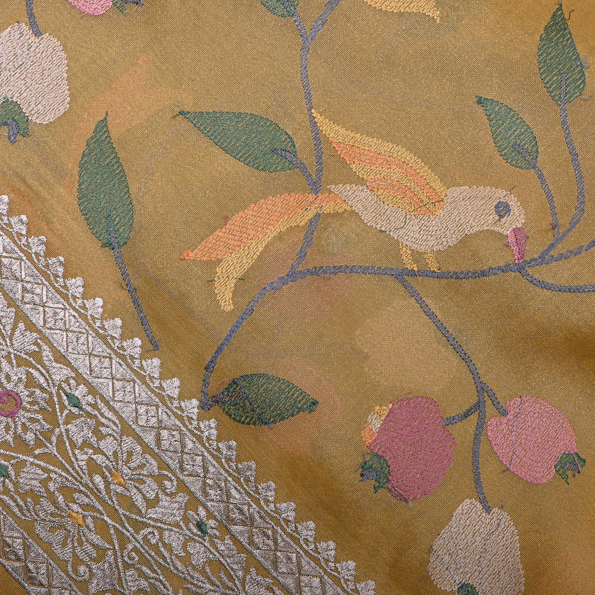 Mustard Gold Bird Vine Thread Embroidered Tissue Fabric