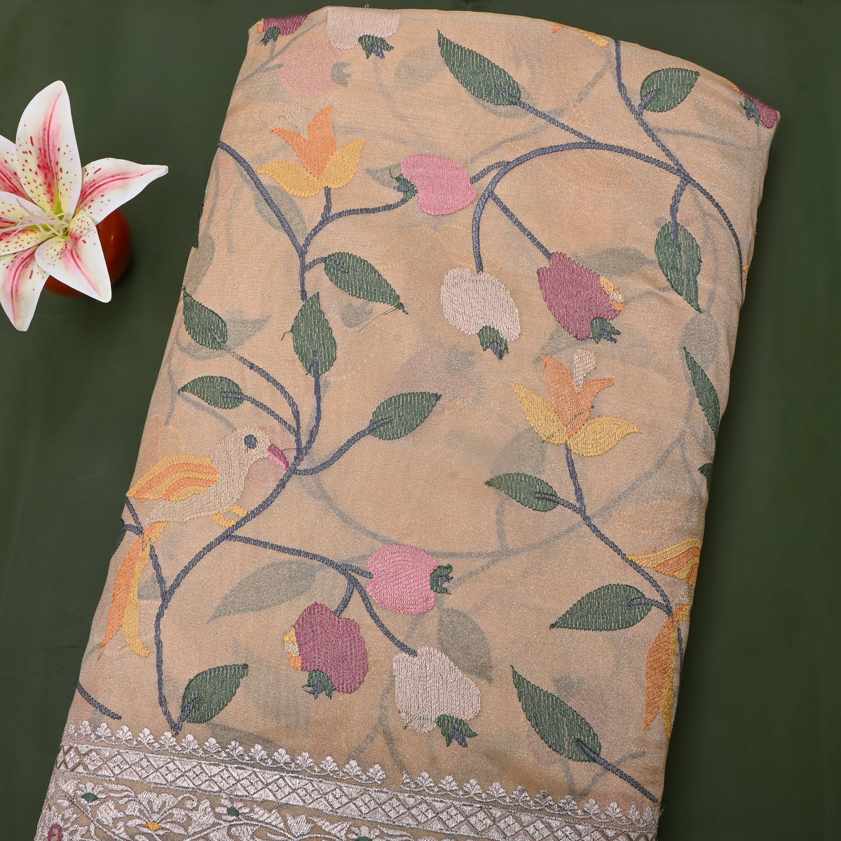 Sand Beige Bird Vine Embroidered Silver Border Tissue Fabric