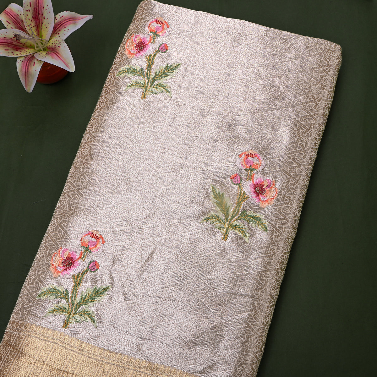 Mauve Silver Tissue Embroidered Floral Butti Fabric