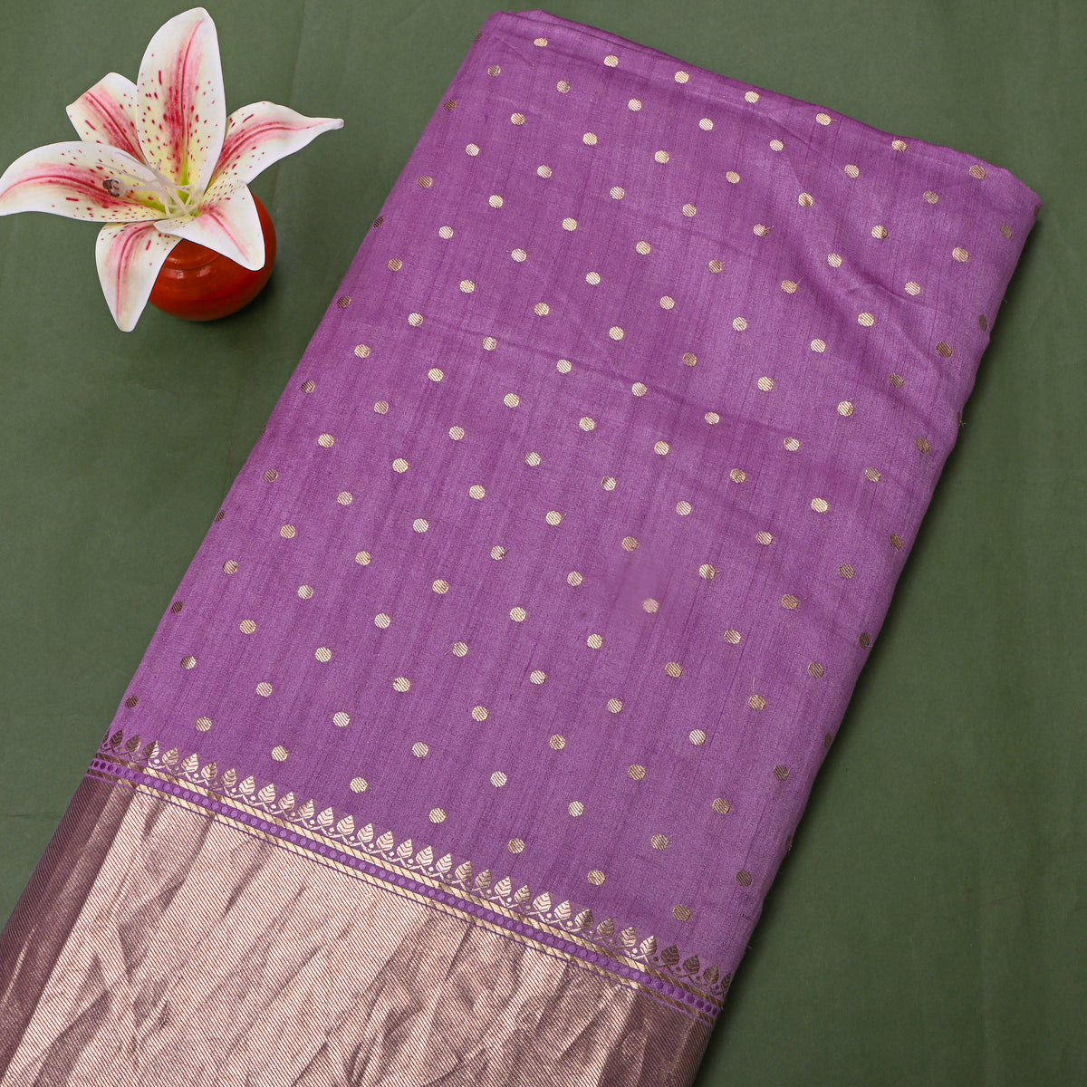 Orchid Purple Gold Zari Dot Butti Jamawar Silk Fabric