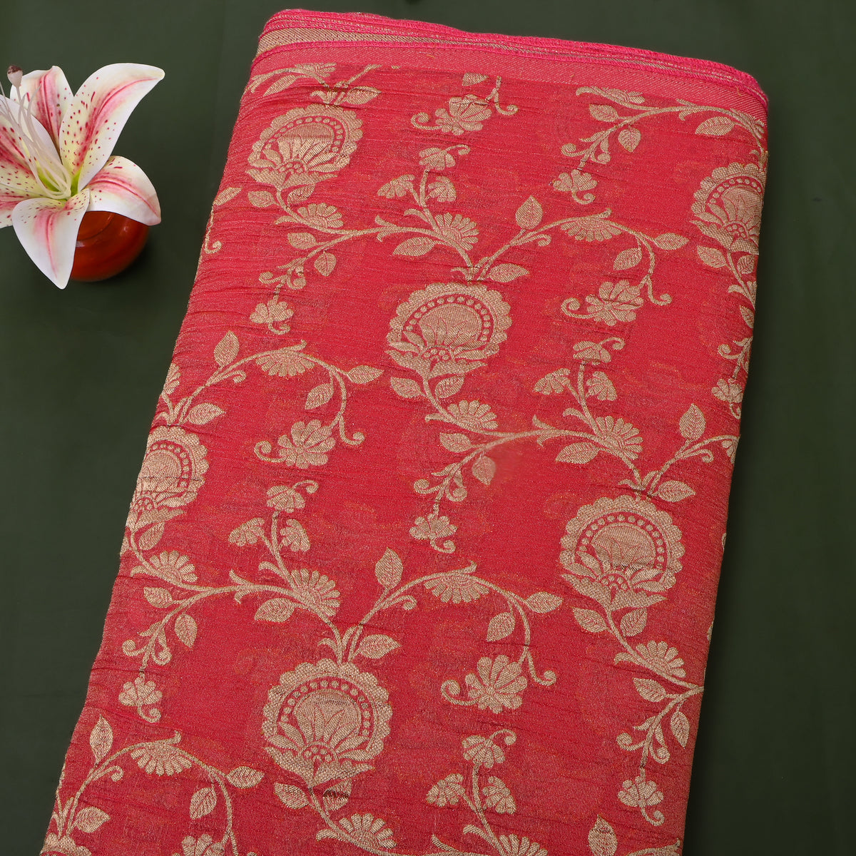 Poppy Red Gold Zari Floral Jaal Jamawar Tissue Fabric