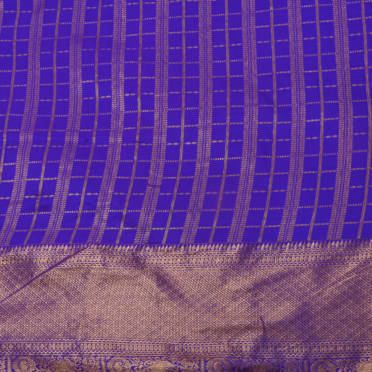 Ultramarine Blue Gold Zari Long Checks Jamawar Silk Fabric