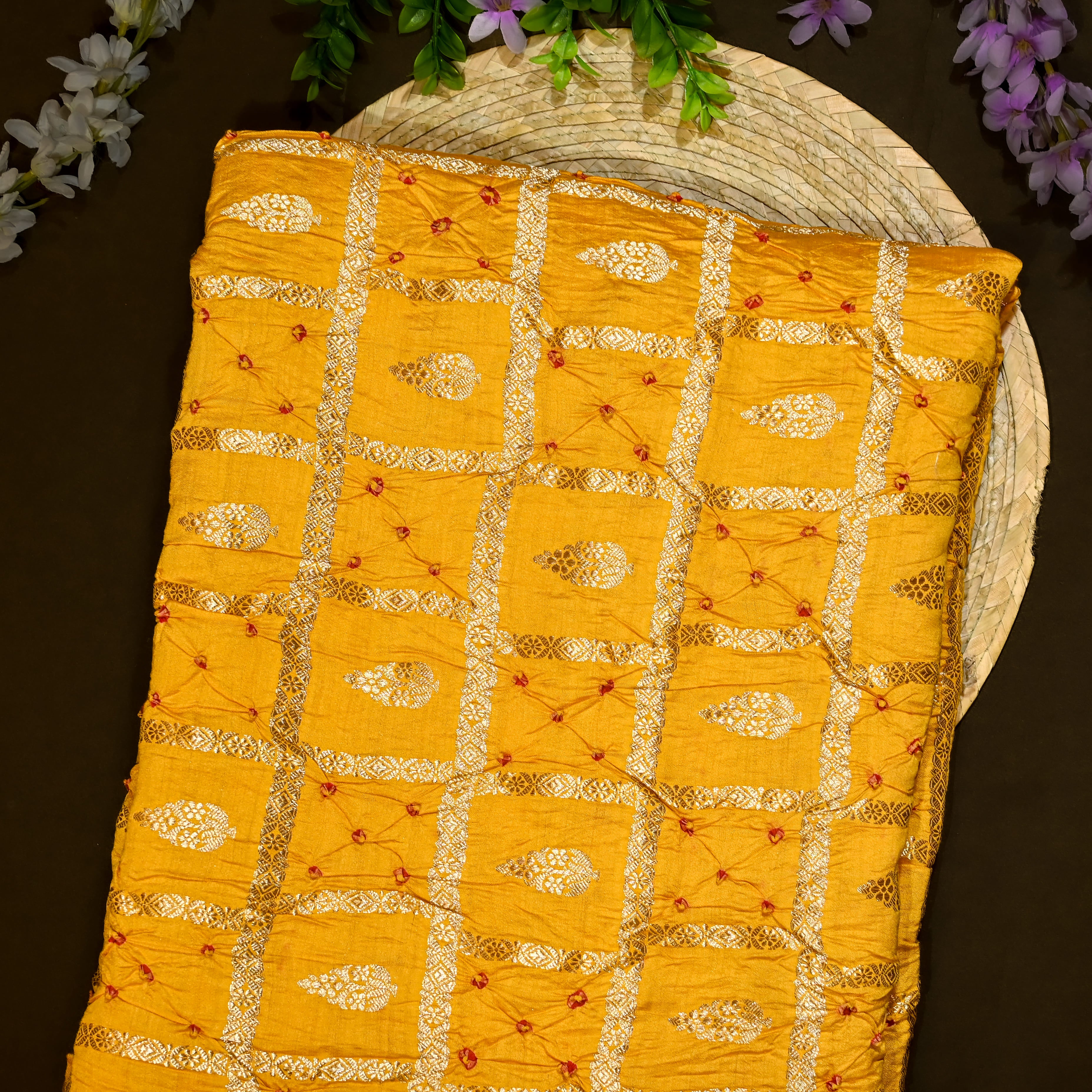 Amber Yellow Banarasi Bandhani Fabric