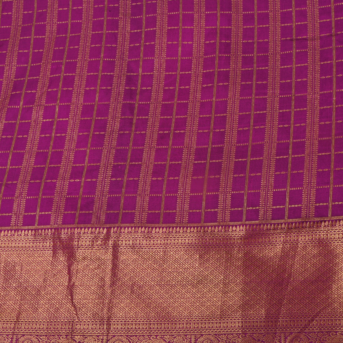 Orchid Purple Gold Zari Checks Jamawar Silk Fabric With Broad Border