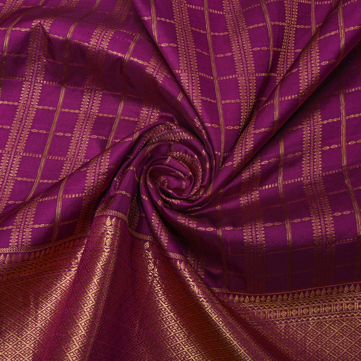 Orchid Purple Gold Zari Checks Jamawar Silk Fabric With Broad Border