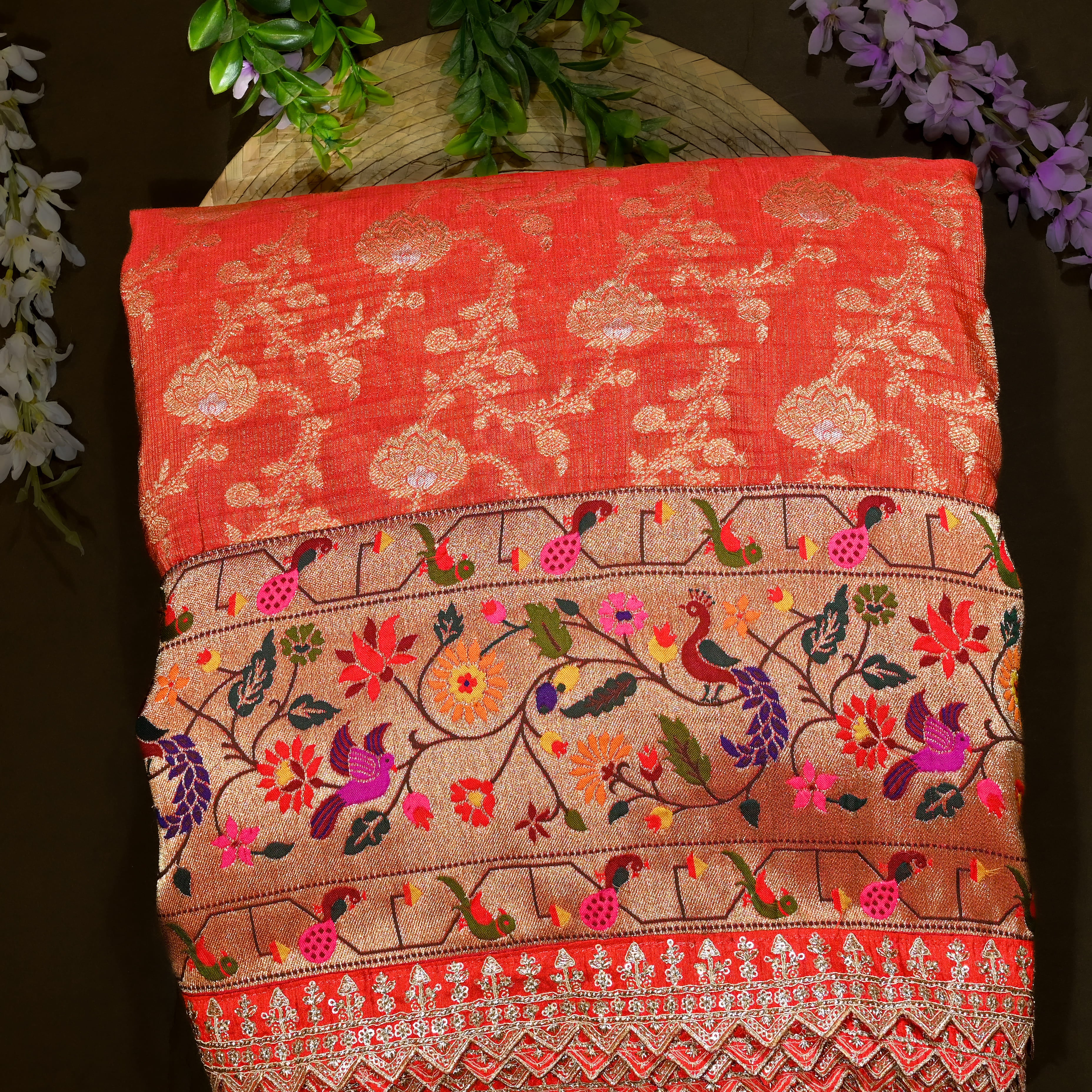 Orange Tissue Banarasi Fabric Paithani Border