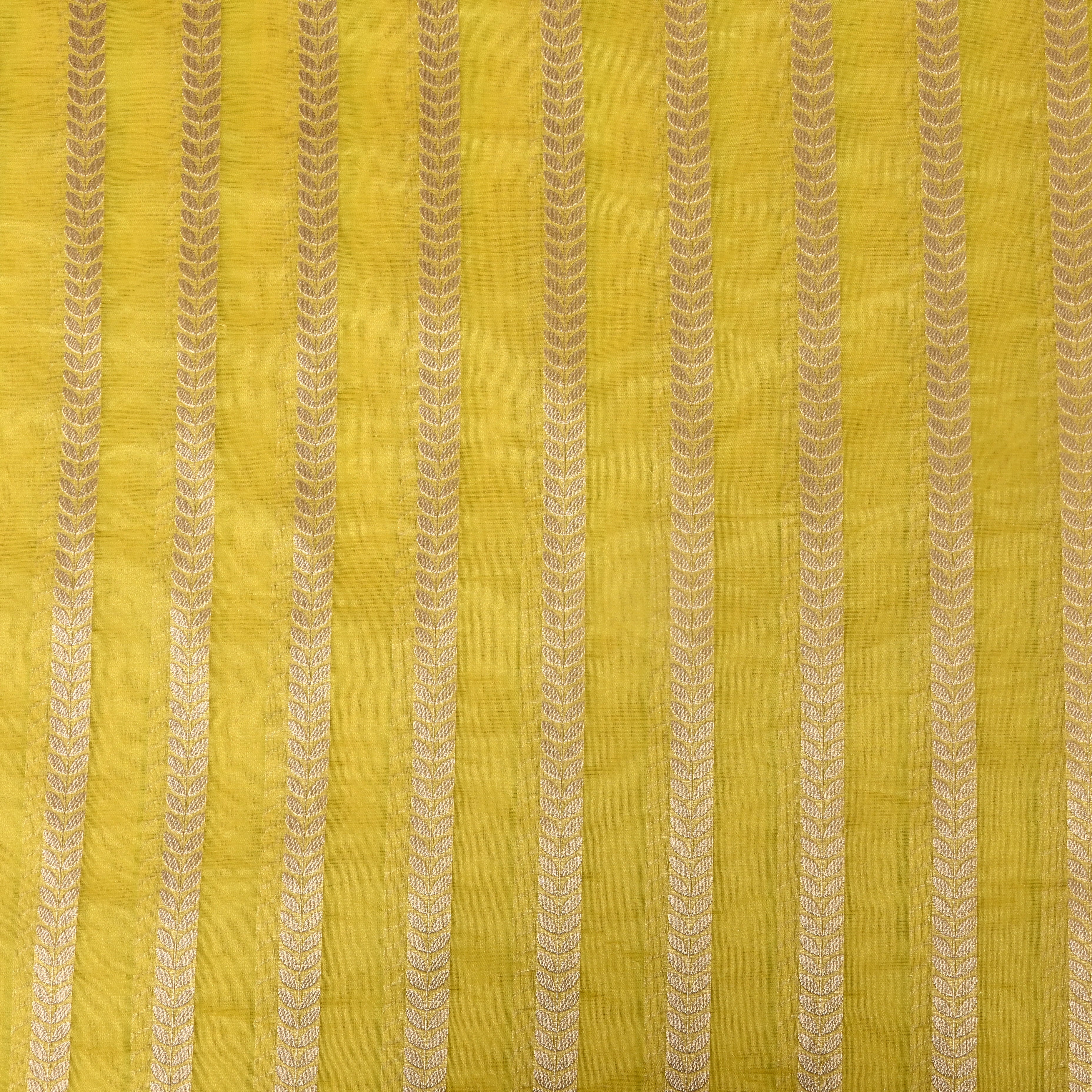 Bright Yellow Leaf Stripe Banarasi Silk