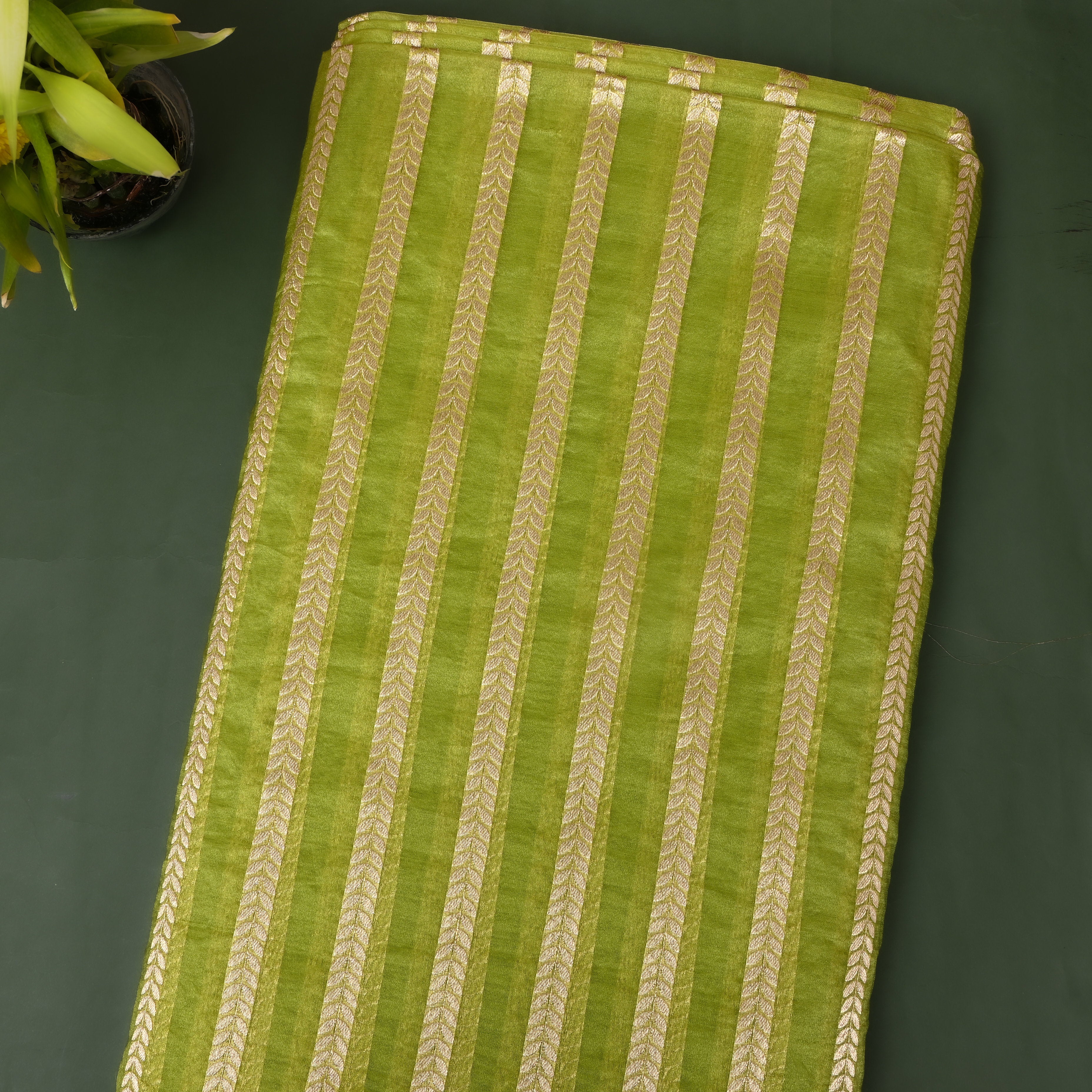 Olive Green Leaf Stripe Banarasi Silk