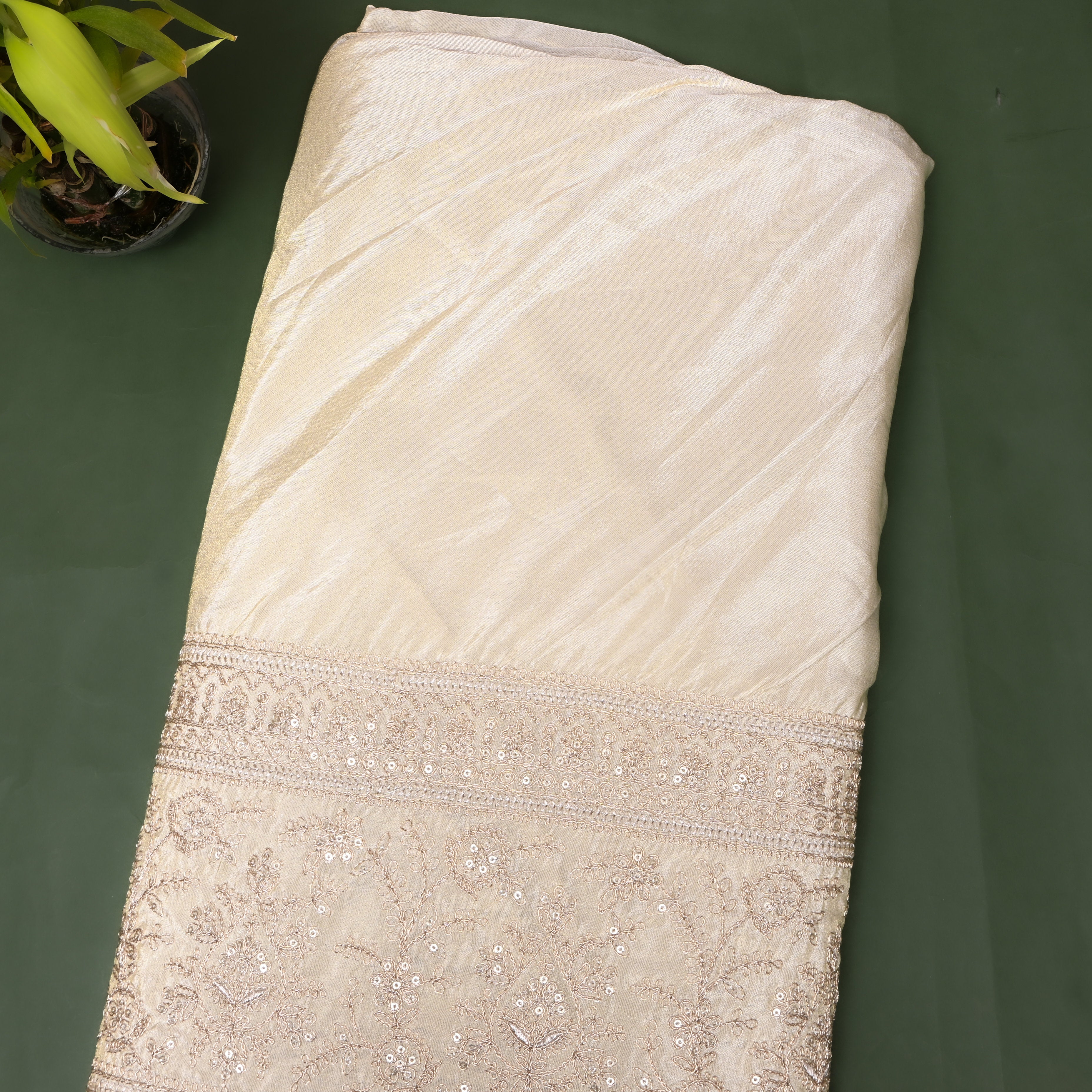 White Sequin Embroidered Border Tissue Fabric