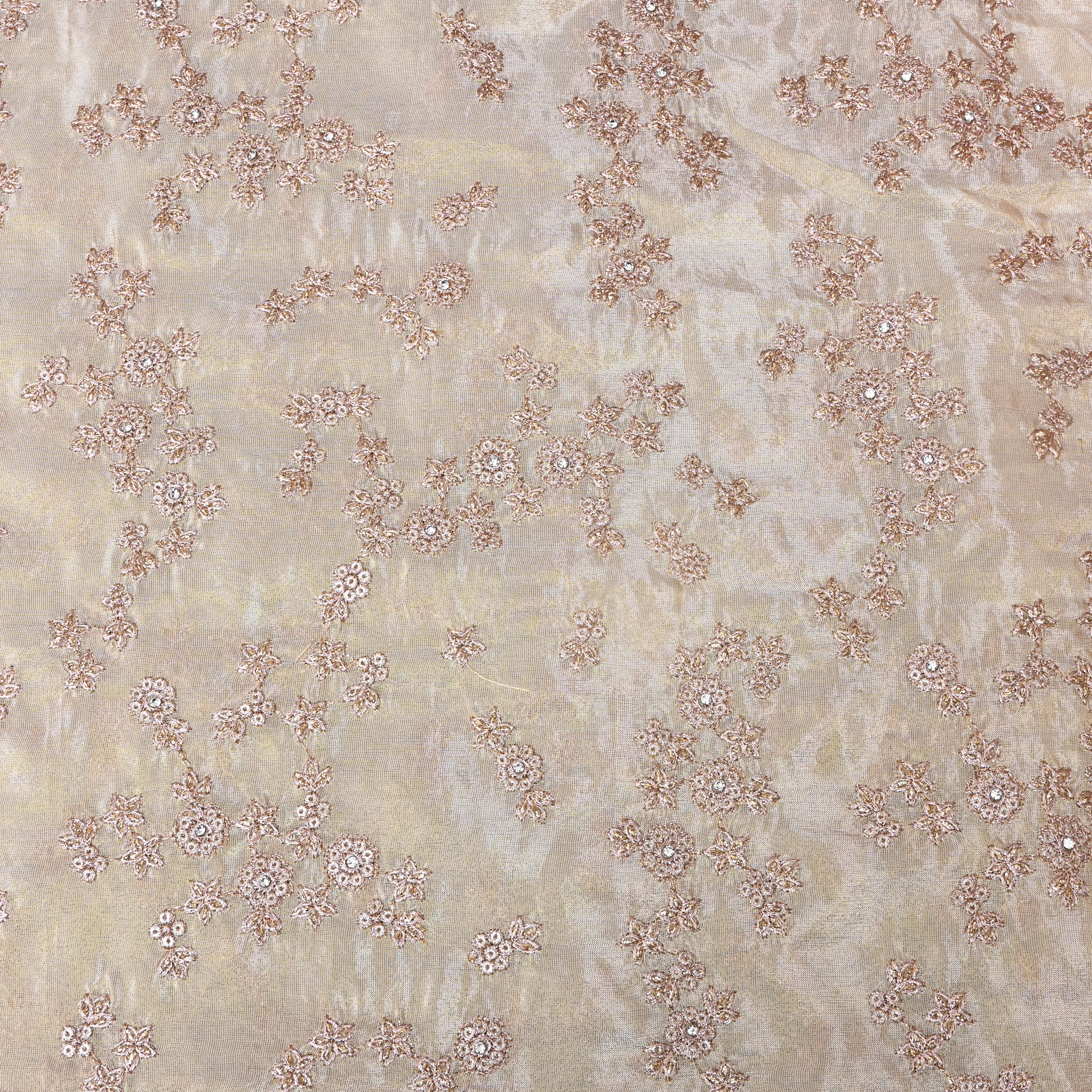 Champagne Beige Crystal Floral Embroidered Silk
