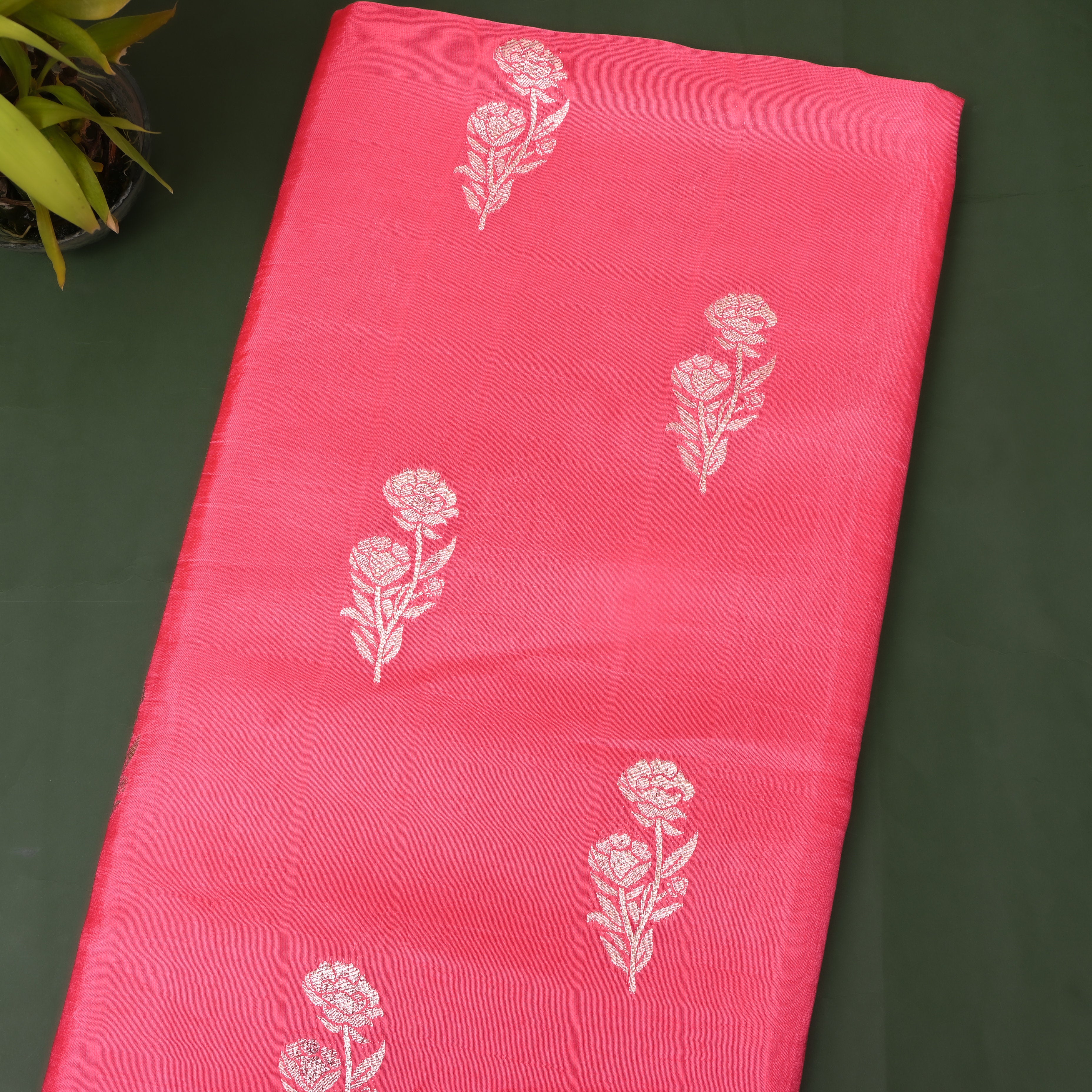 Rani Pink Zari Rose Buti Jamawar Silk Fabric