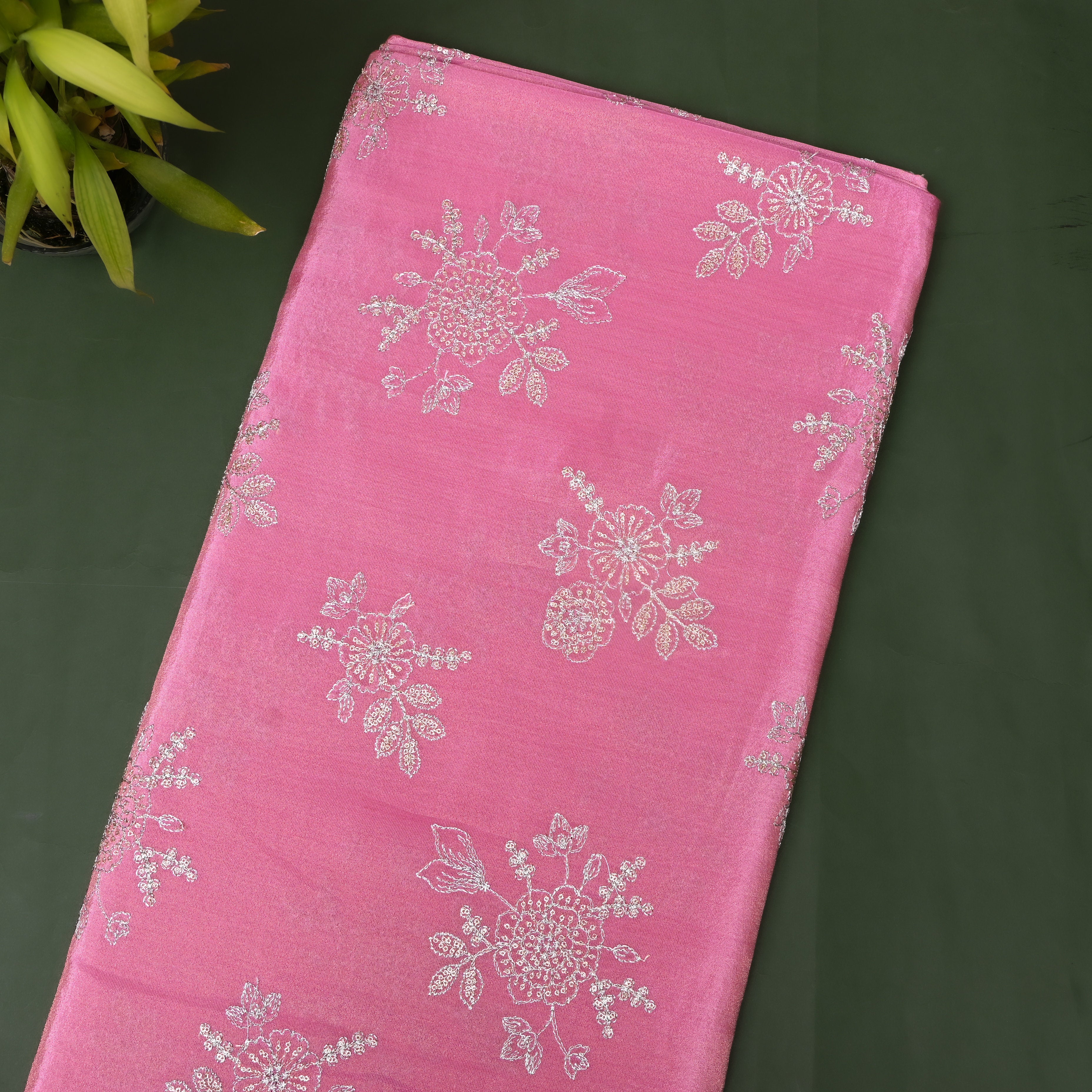 Dusty Rose Floral Spray Embroidery Tissue Fabric