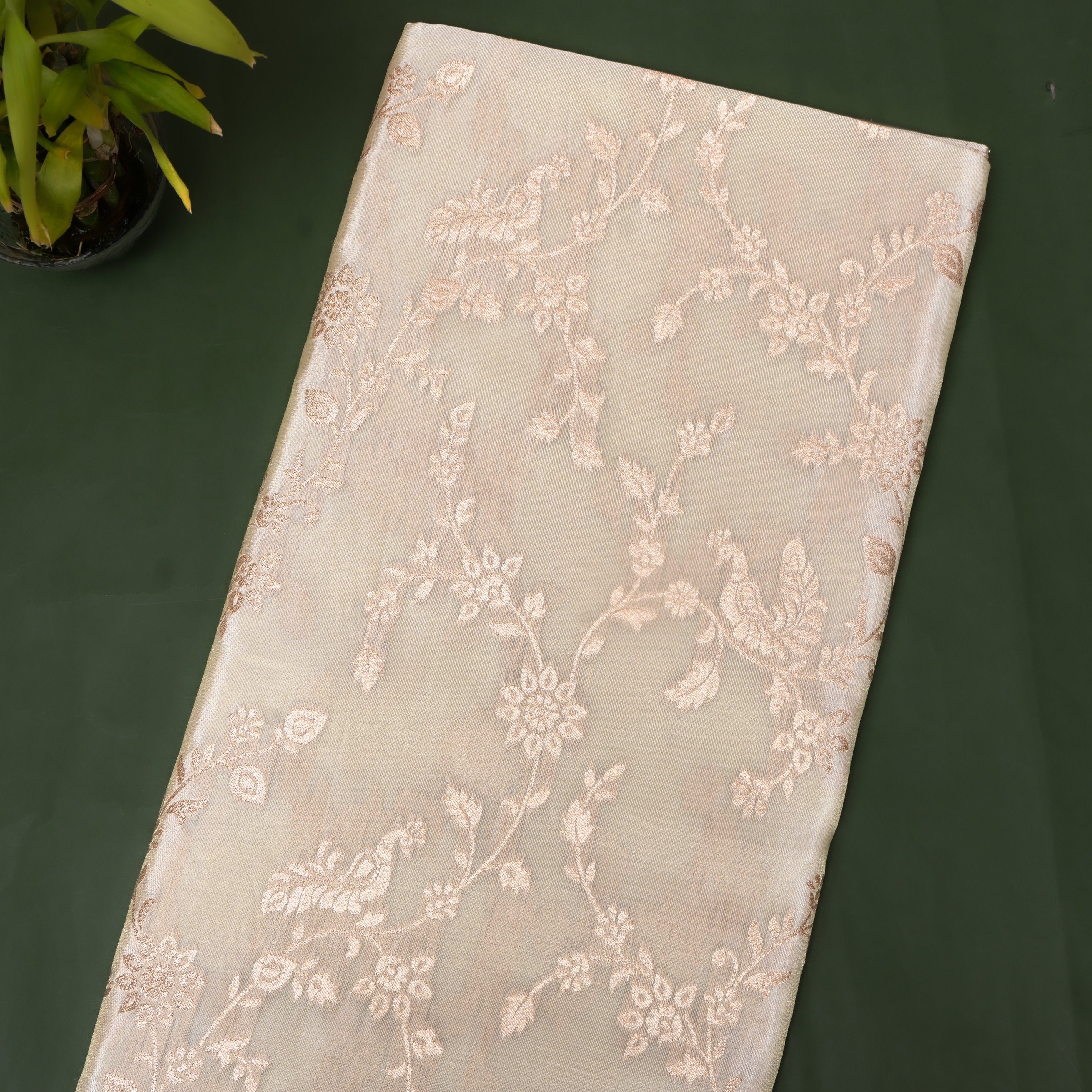 Ivory Rose Gold Floral Jamawar Tissue Fabric