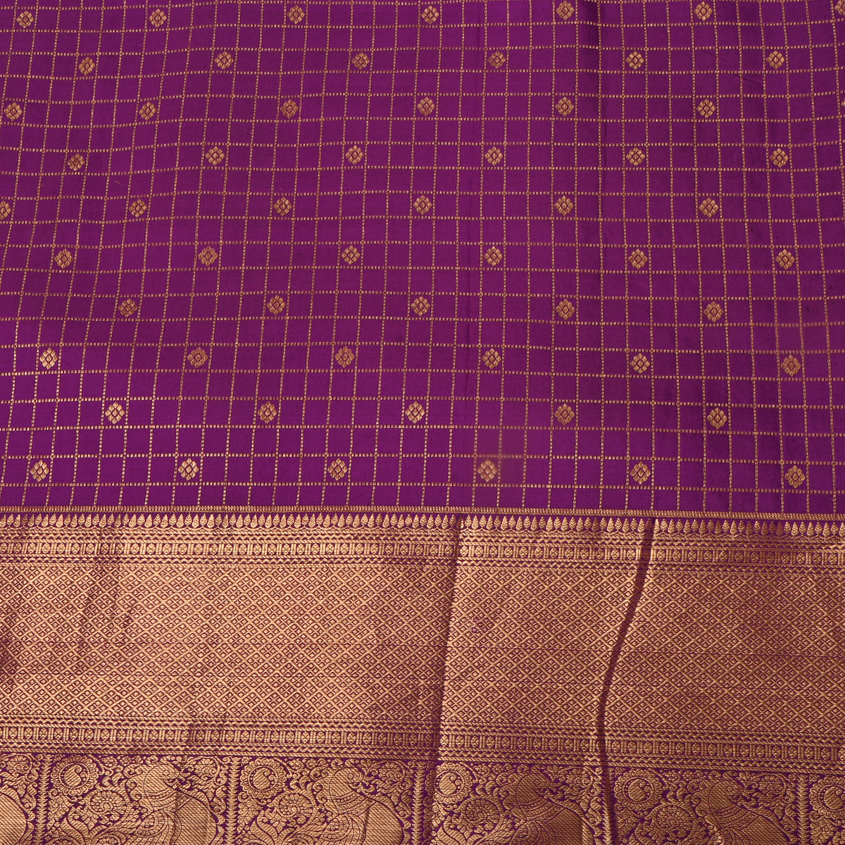 Violet Gold Zari Check Butti Kanjivaram Silk Fabric