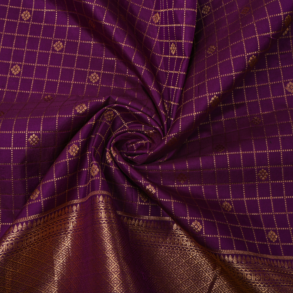 Violet Gold Zari Check Butti Kanjivaram Silk Fabric