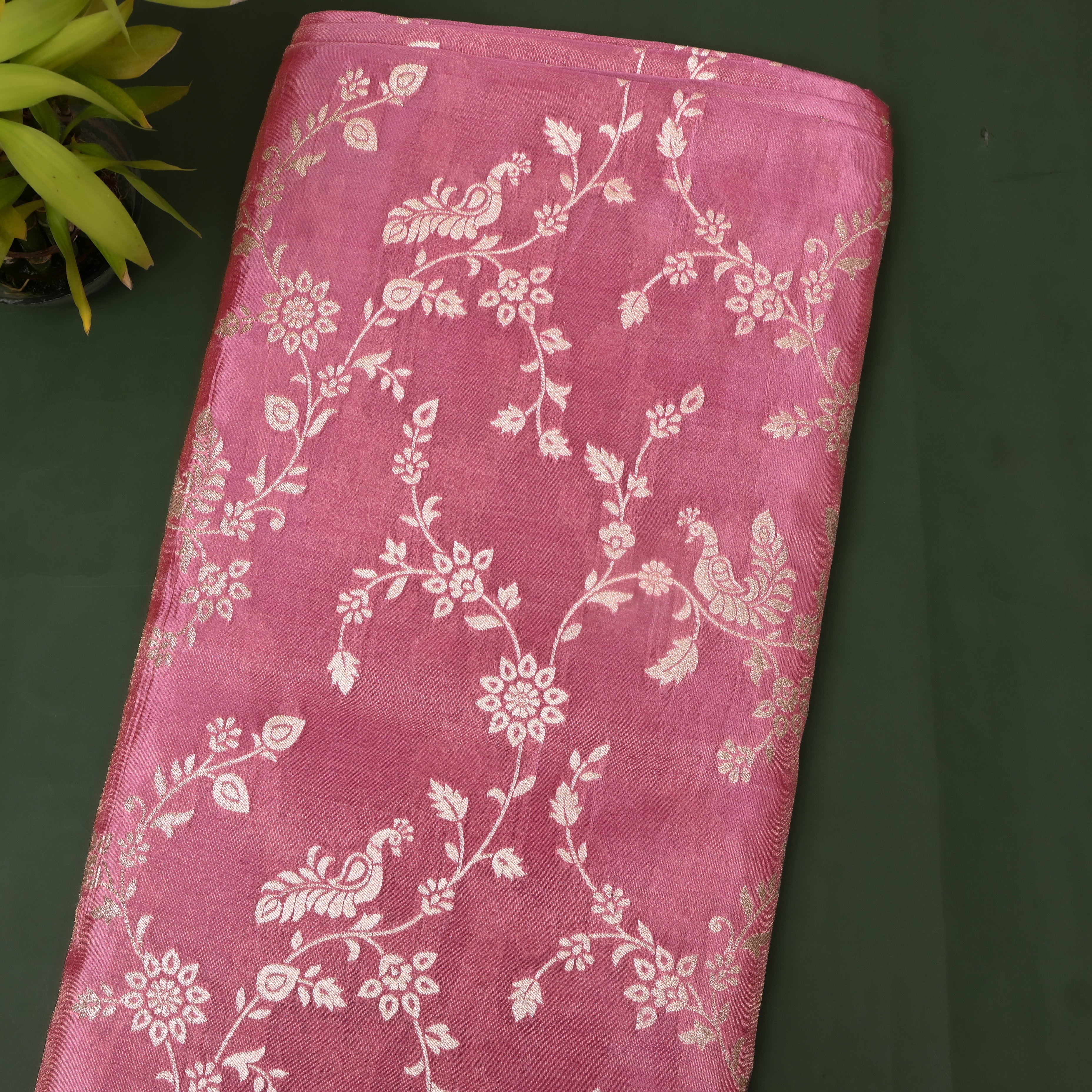 Dusty Rose Floral Vine Zari Fabric