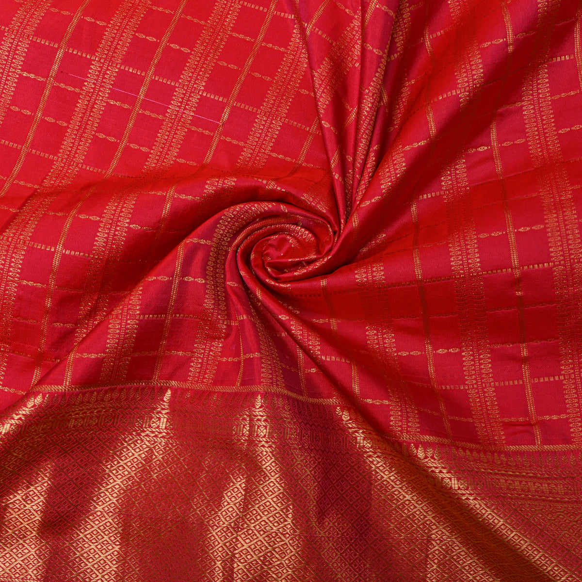 Tomato Red Gold Zari Checks Broad Border Kanjivaram Silk Fabric