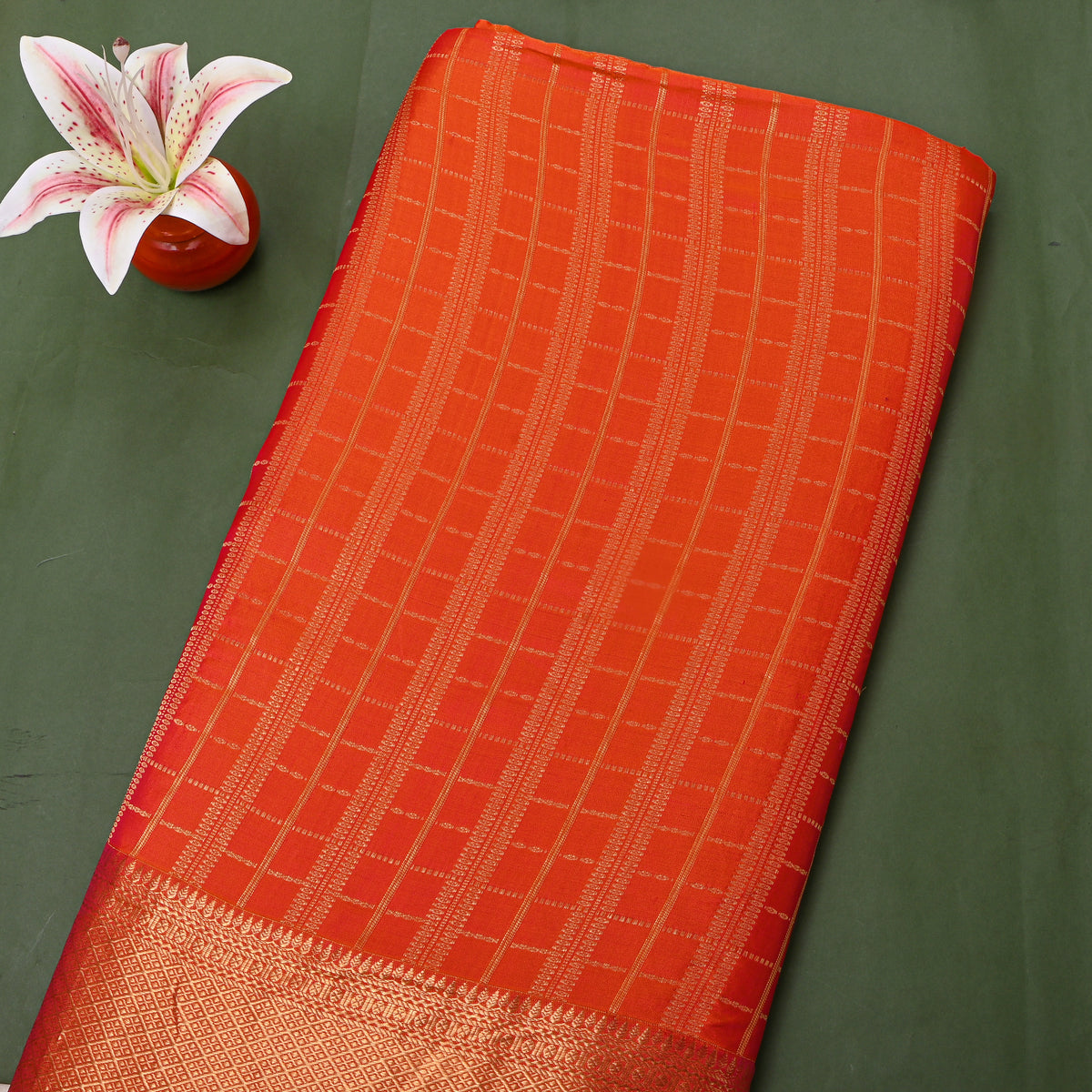 Tangerine Gold Zari Check Jamawar Silk Fabric