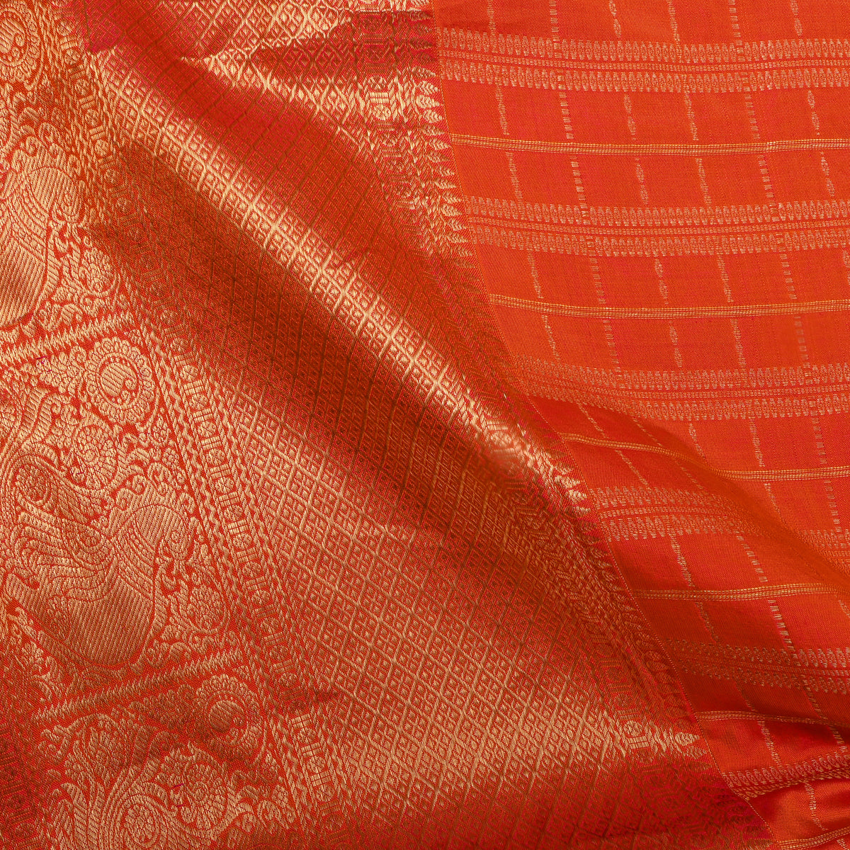 Tangerine Gold Zari Check Jamawar Silk Fabric