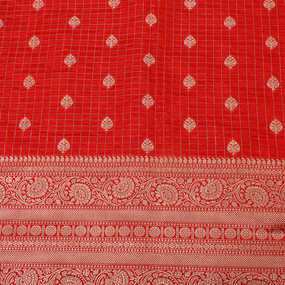 Red Paithani Check Butti Banarasi Silk Fabric