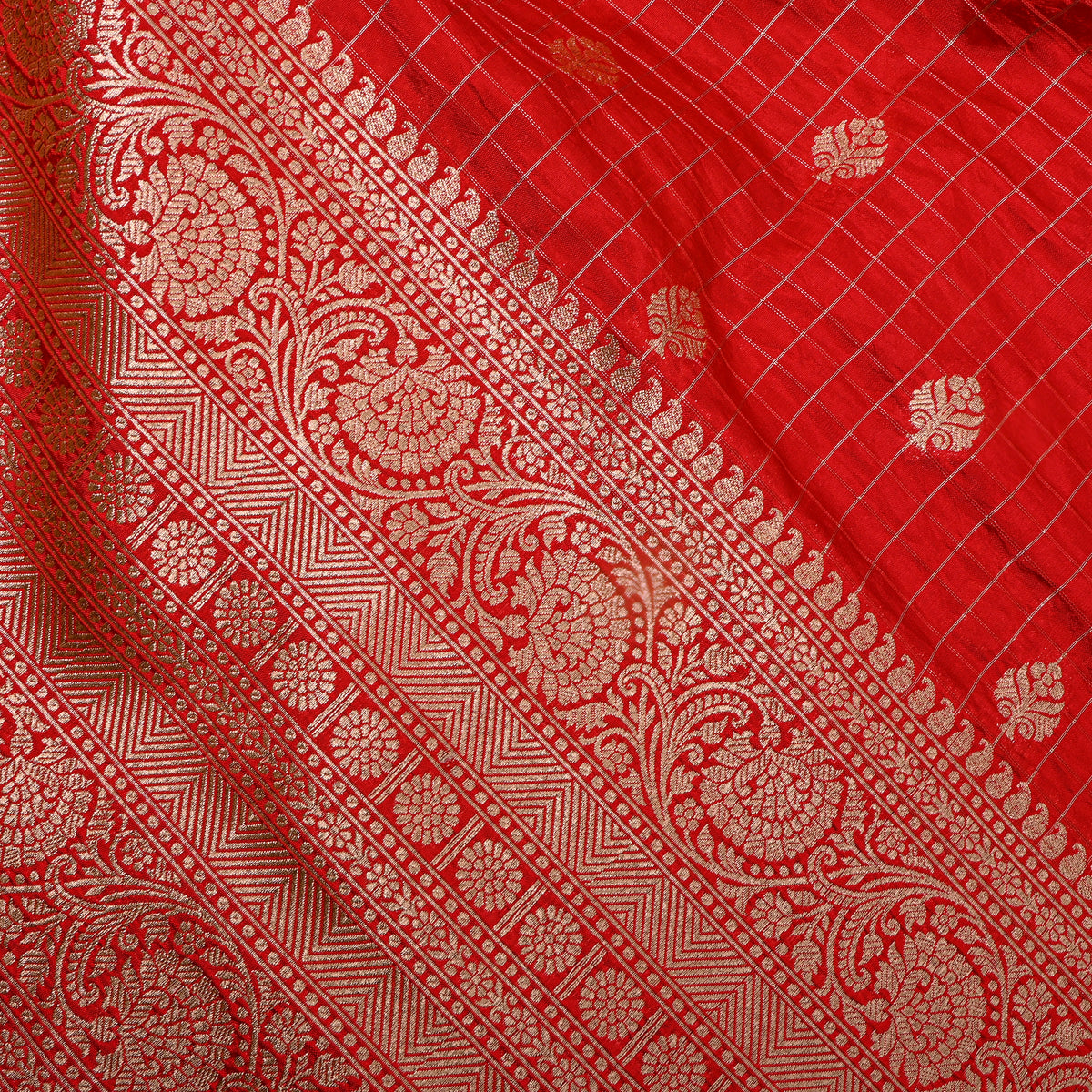Red Paithani Check Butti Banarasi Silk Fabric