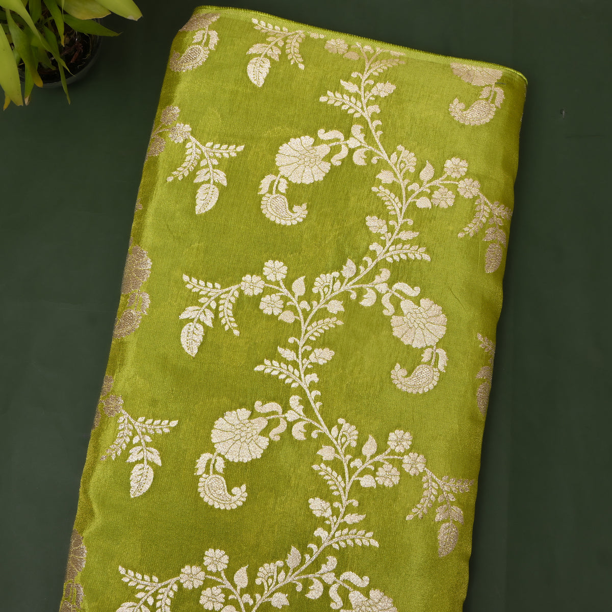 Leaf Green Paisley Tissue Fabric With Banarasi Weave
