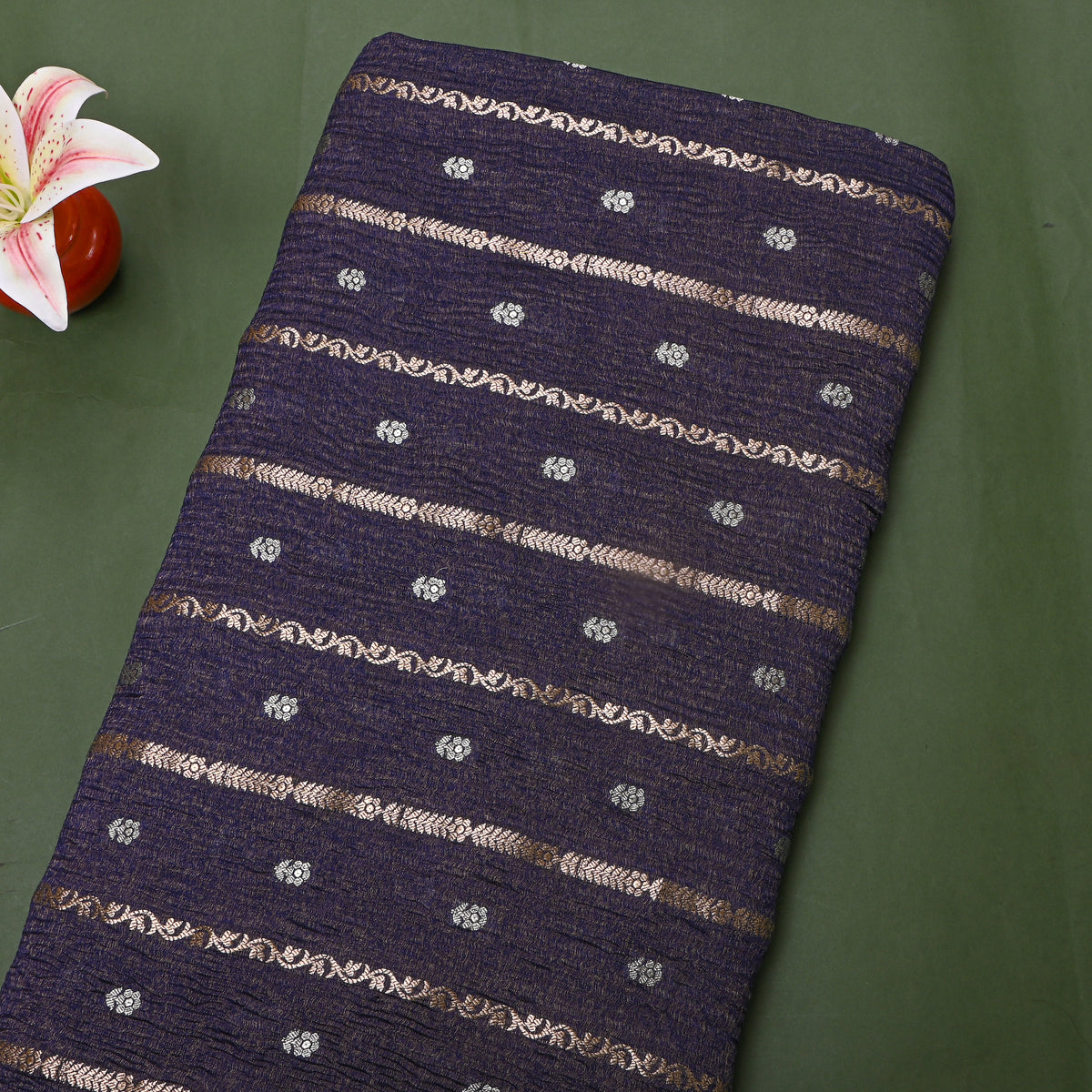 Plum Dual Tone Stripe Butti Jamawar Tissue Fabric