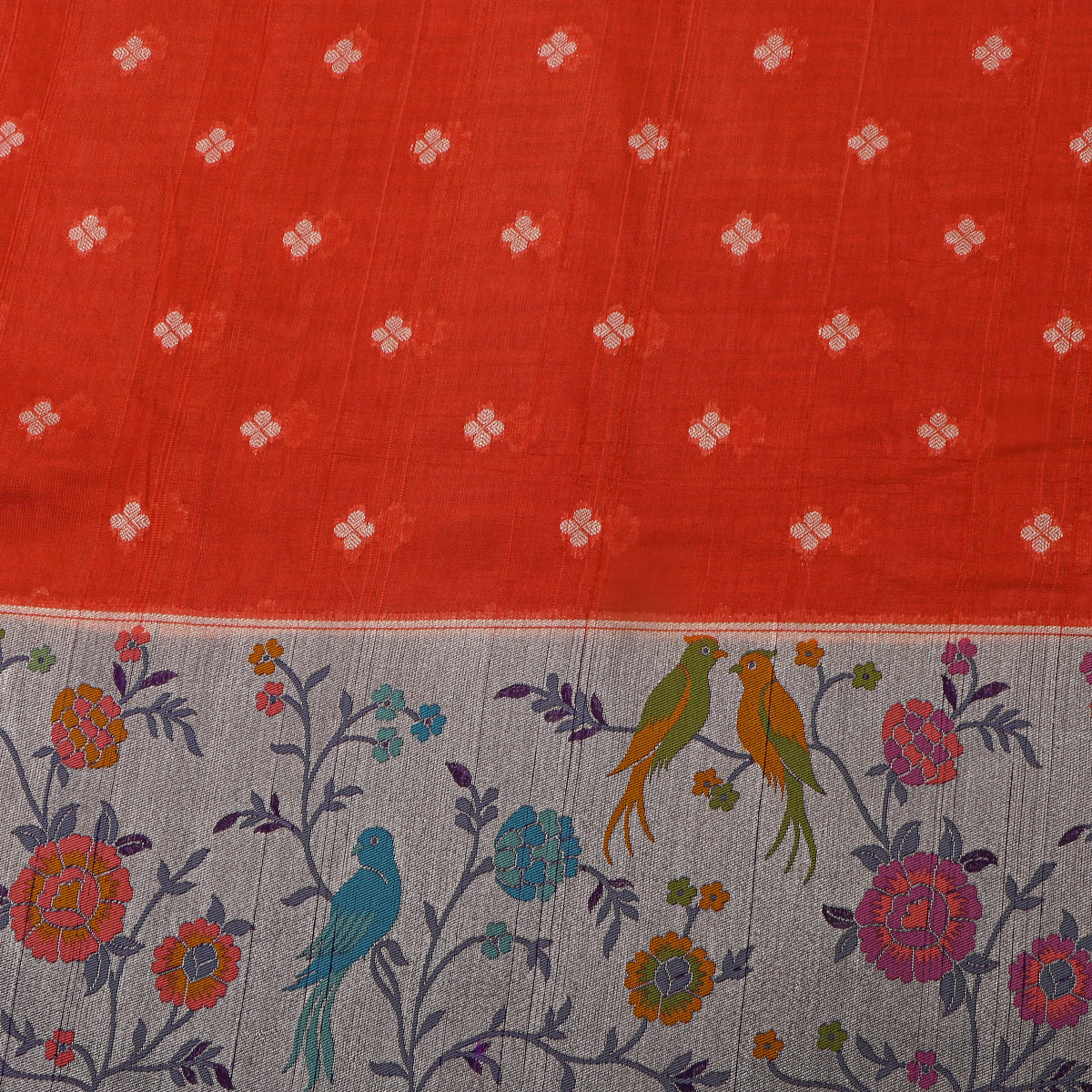 Burnt Orange Floral Butti Bird Border Banarasi Silk Fabric