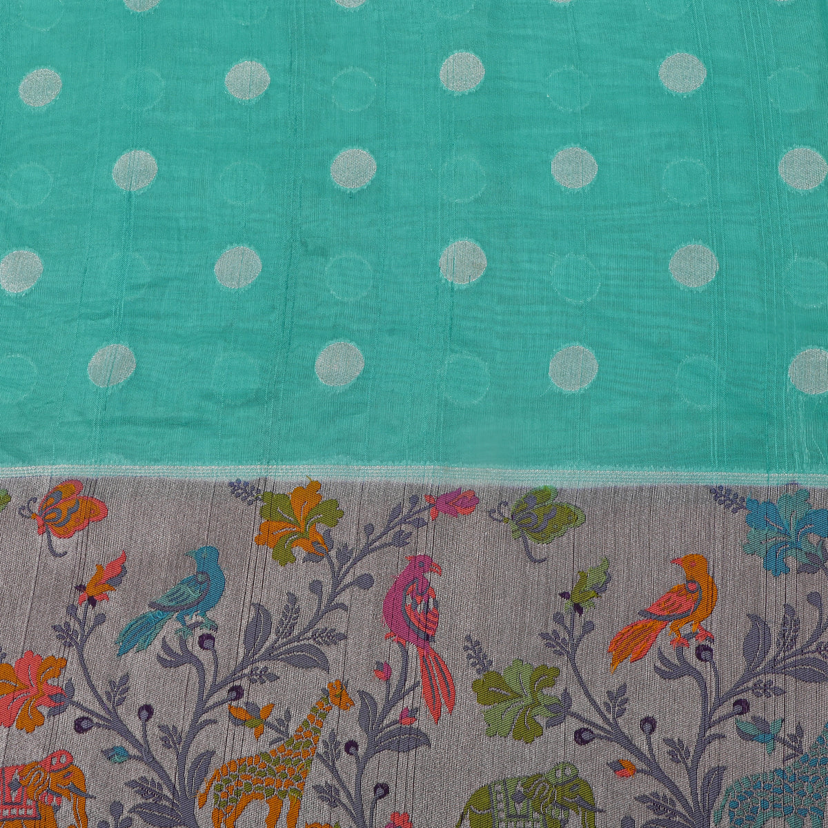 Teal Silver Zai Butti Jamawar Silk Fabric