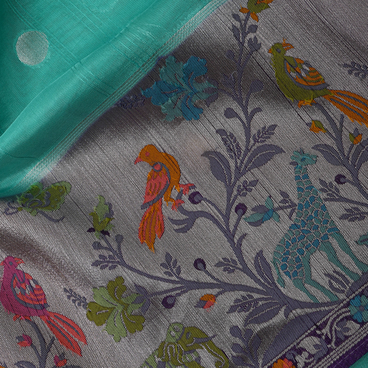 Teal Silver Zai Butti Jamawar Silk Fabric