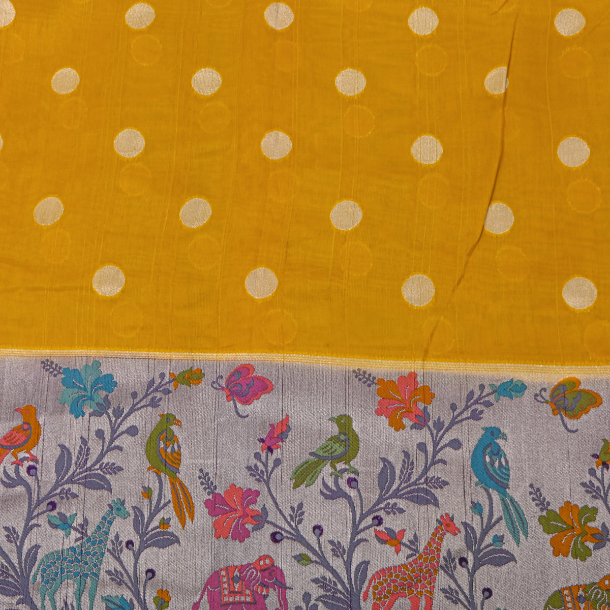 Yellow Silver Zari Butti Jamawar Silk Fabric