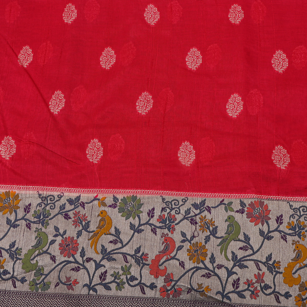 Red Silver Butti Jamawar Silk Fabric