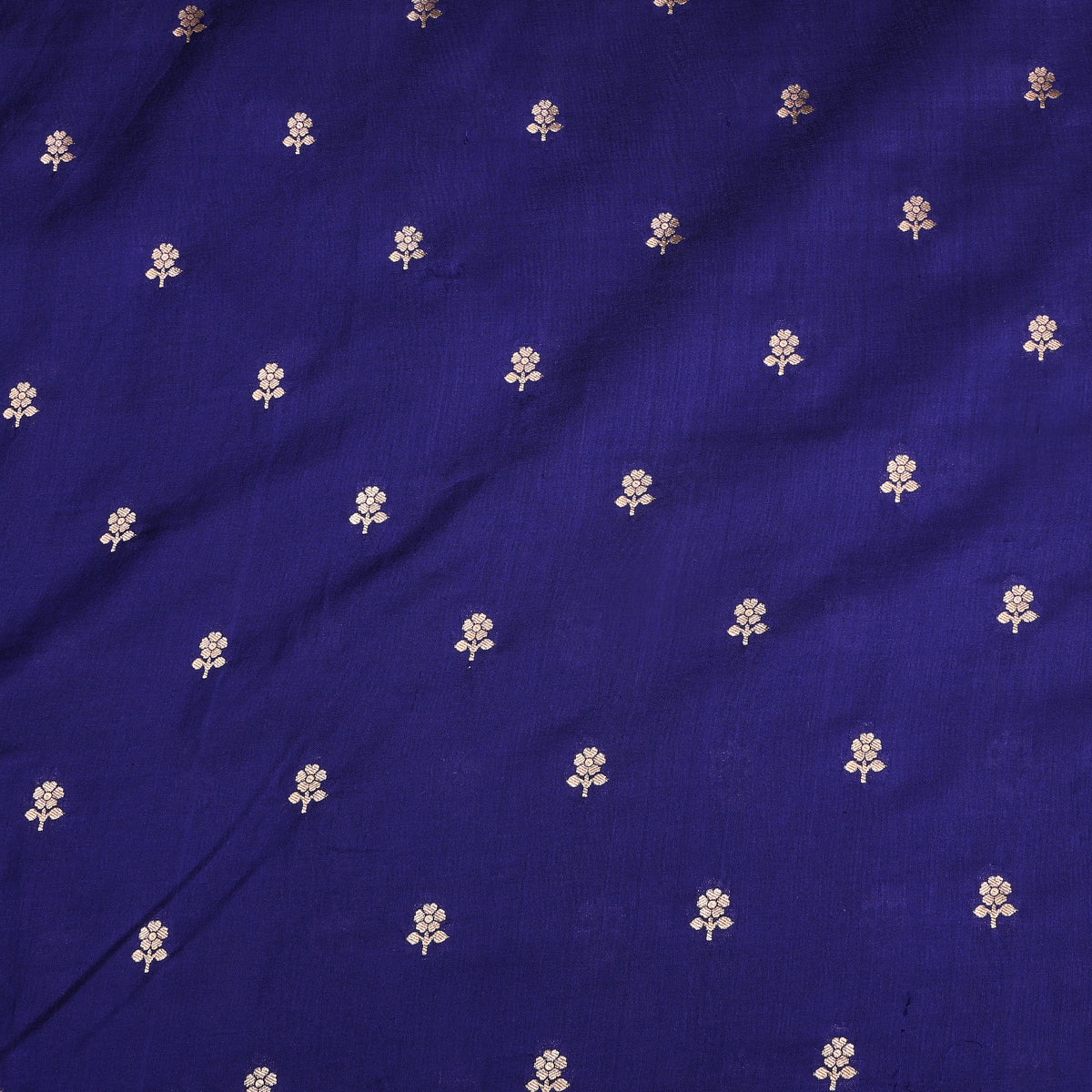 Ink Blue Gold Zari Floral Butti Jamawar Silk Fabric