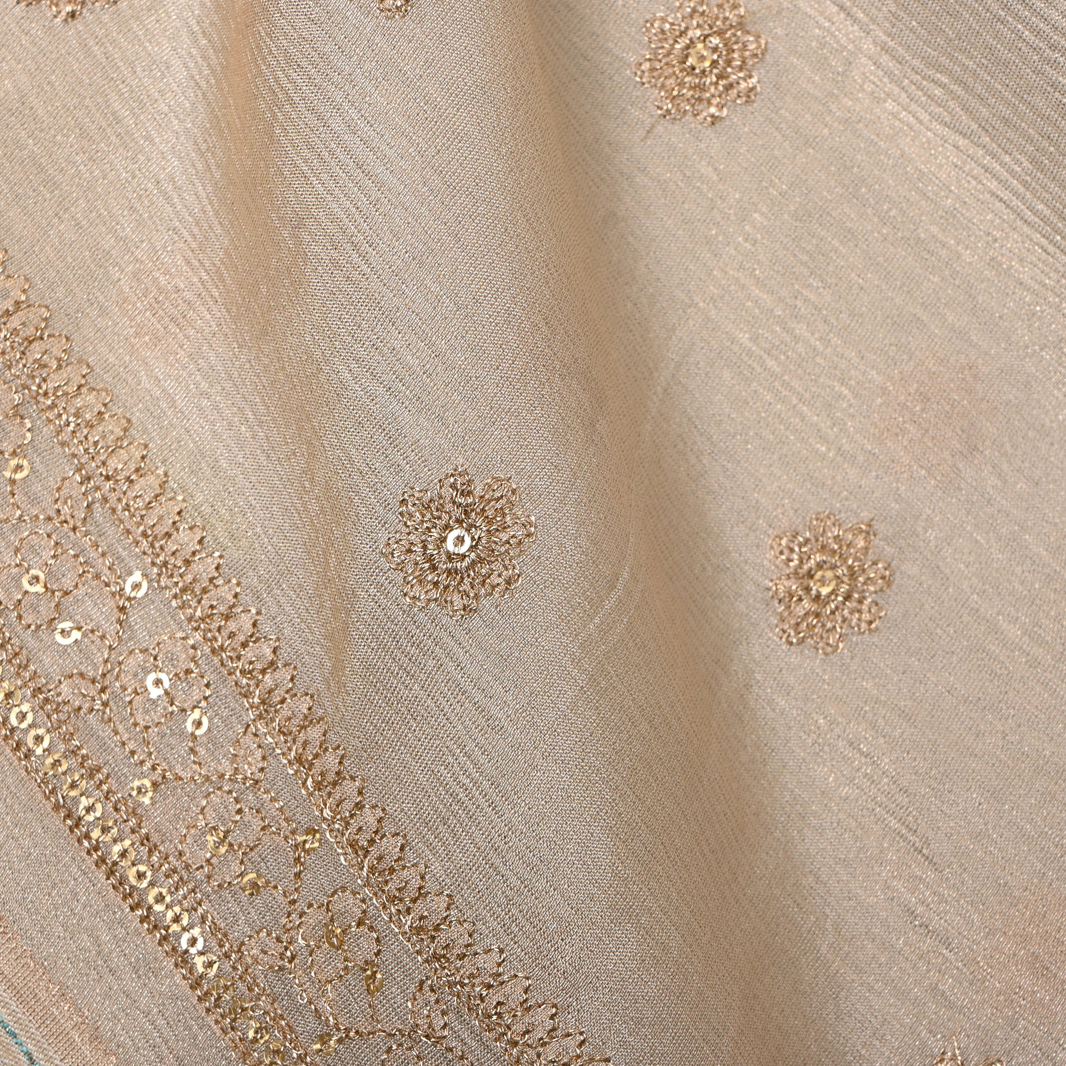 Champagne Beige Zari Buti Sequin Embroidery Tissue Fabric
