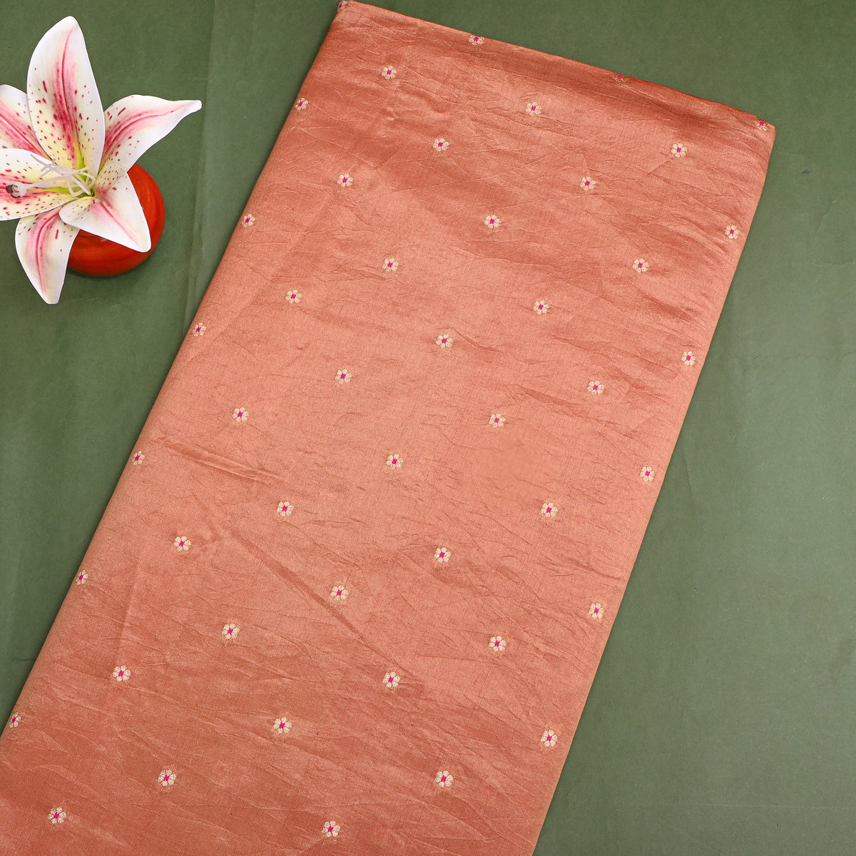 Tangerian Orange Gold Zari Floral Butti Banarasi Silk Fabric