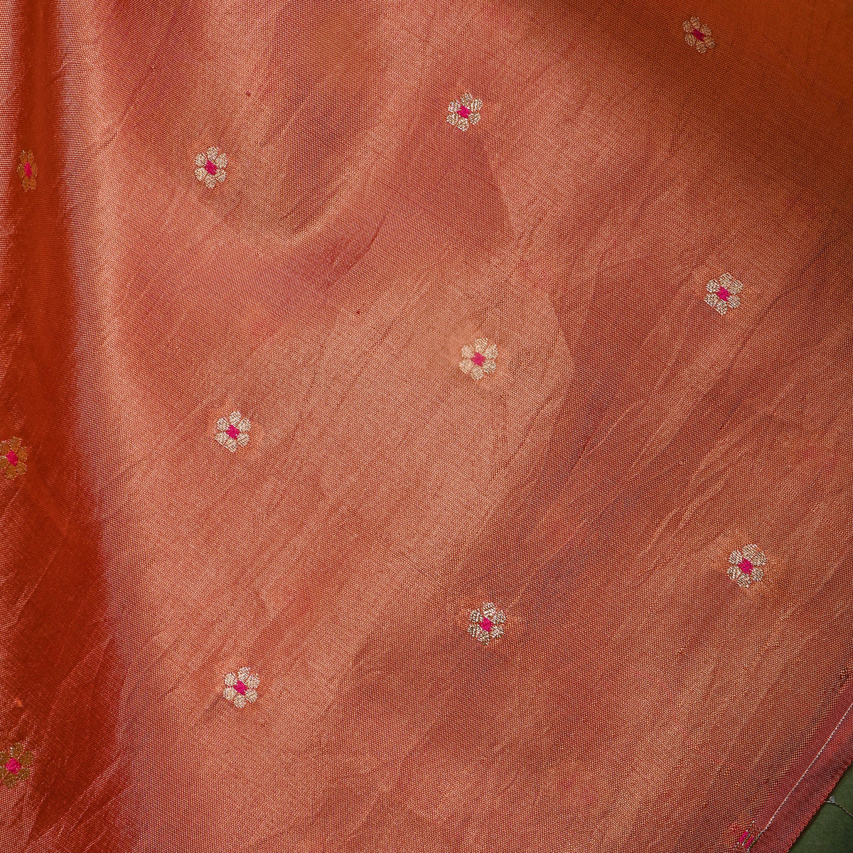 Tangerian Orange Gold Zari Floral Butti Banarasi Silk Fabric