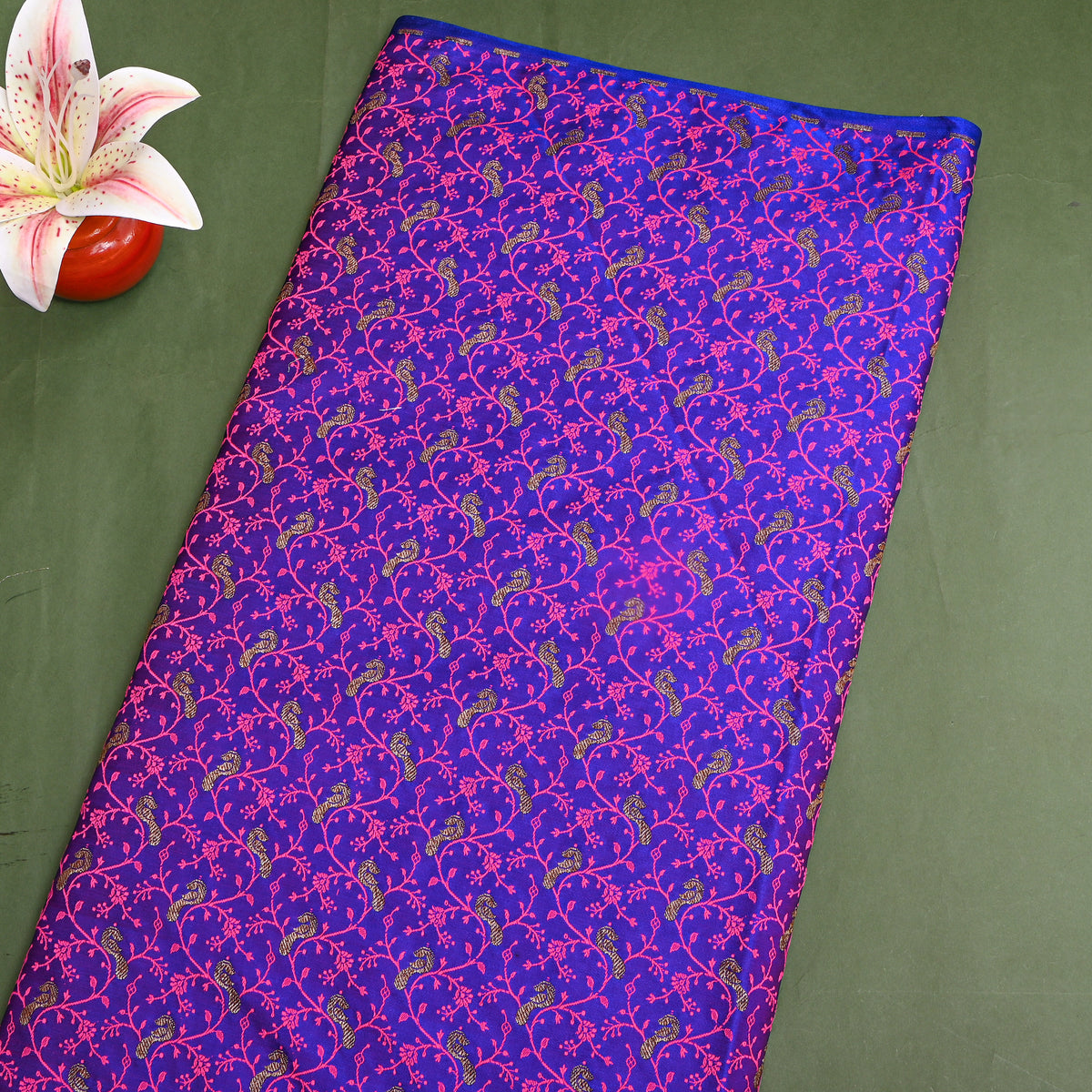 Bright Purple Gold Zari Geometric Jaal Banarasi Silk Fabric
