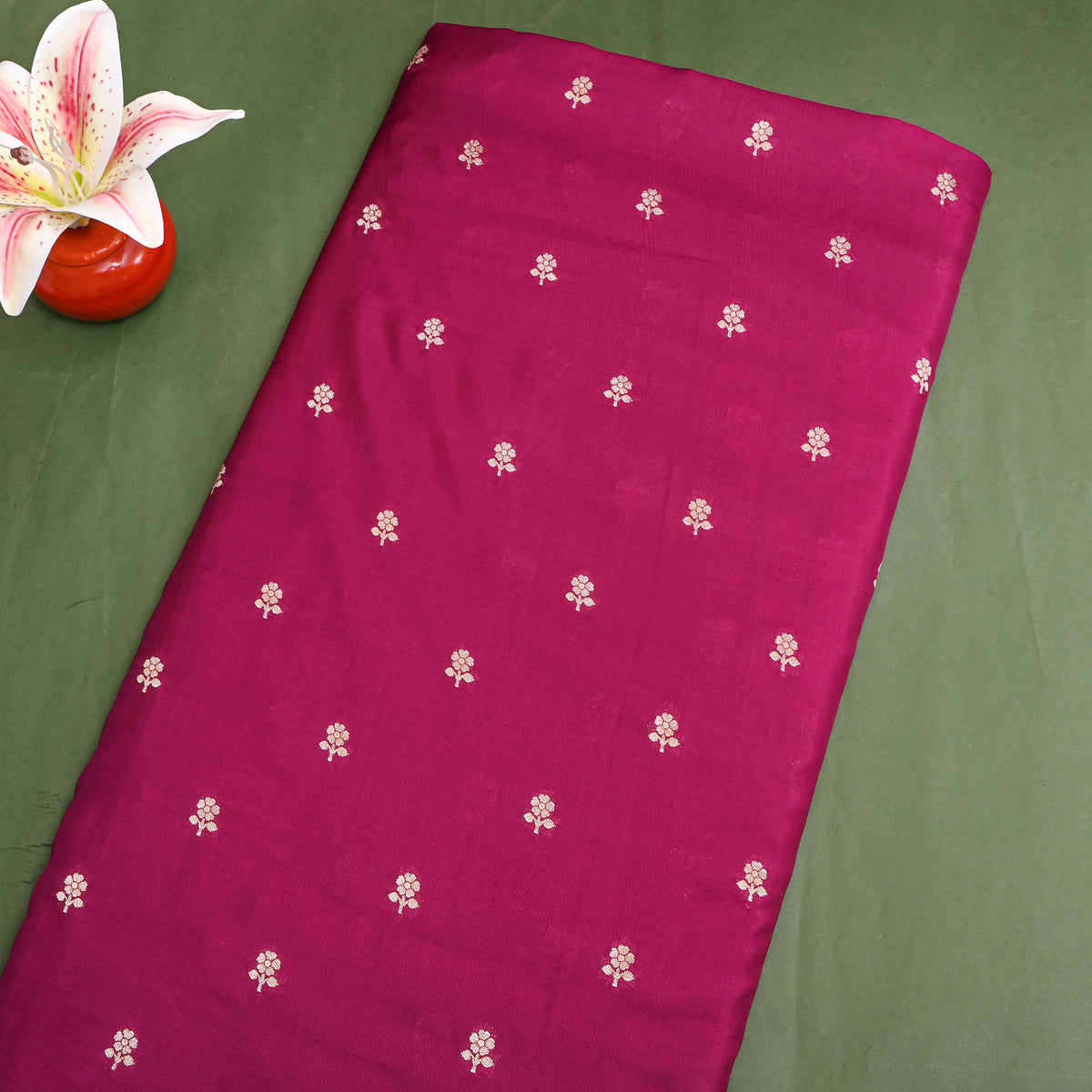 Berry Gold Zari Floral Butti Jamawar Silk Fabric