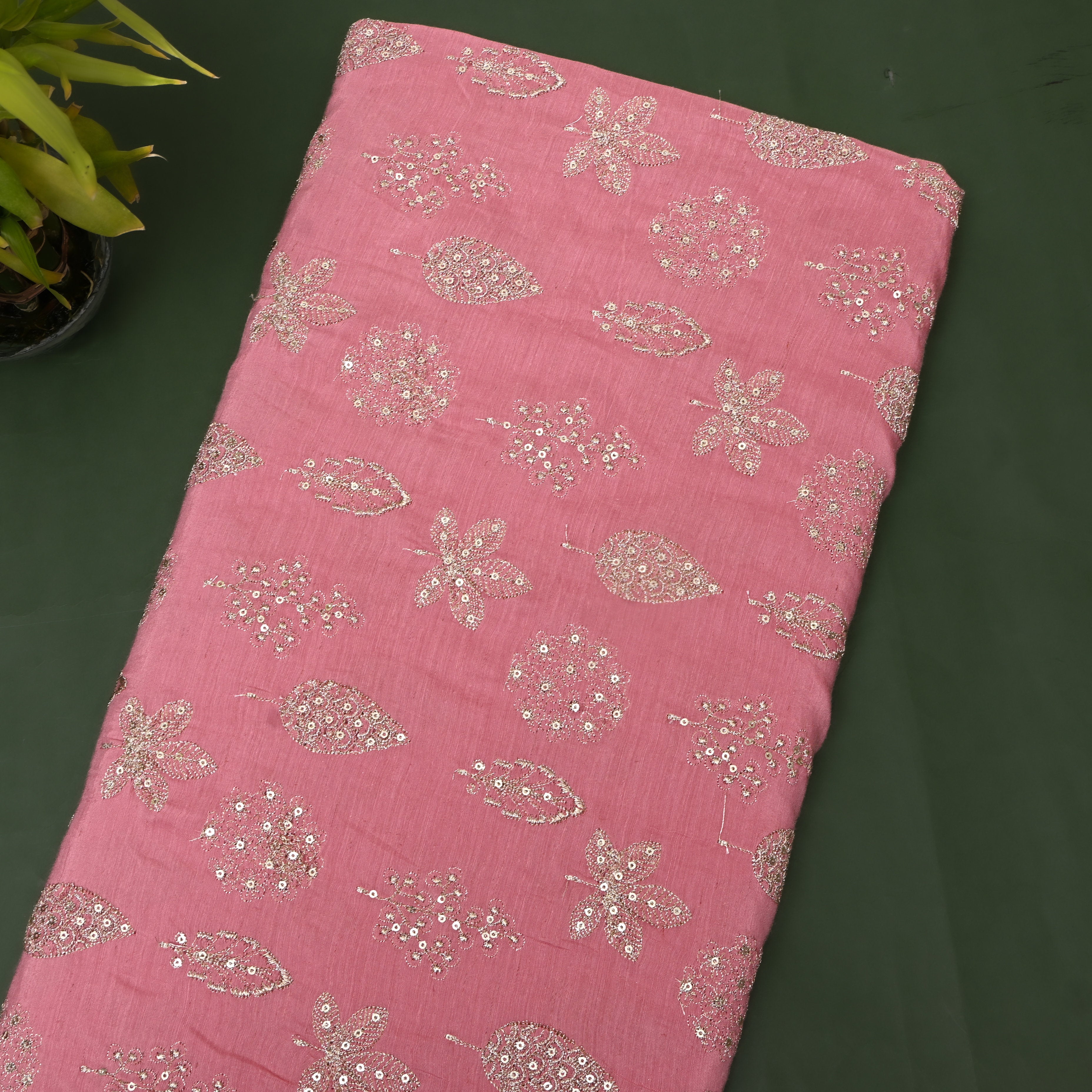 Rose Pink Mixed Leaf Sequin Embroidery Silk Fabric