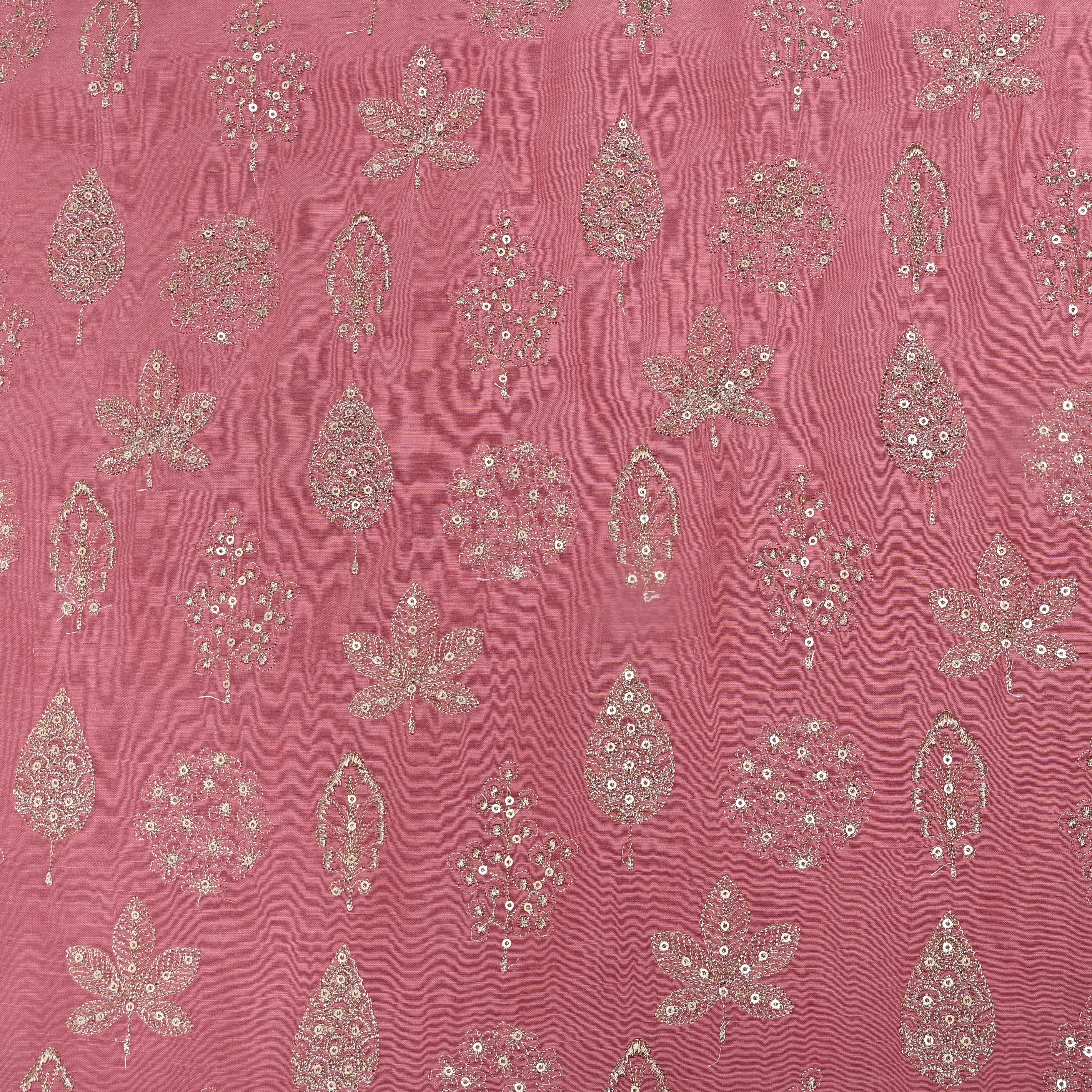 Rose Pink Mixed Leaf Sequin Embroidery Silk Fabric