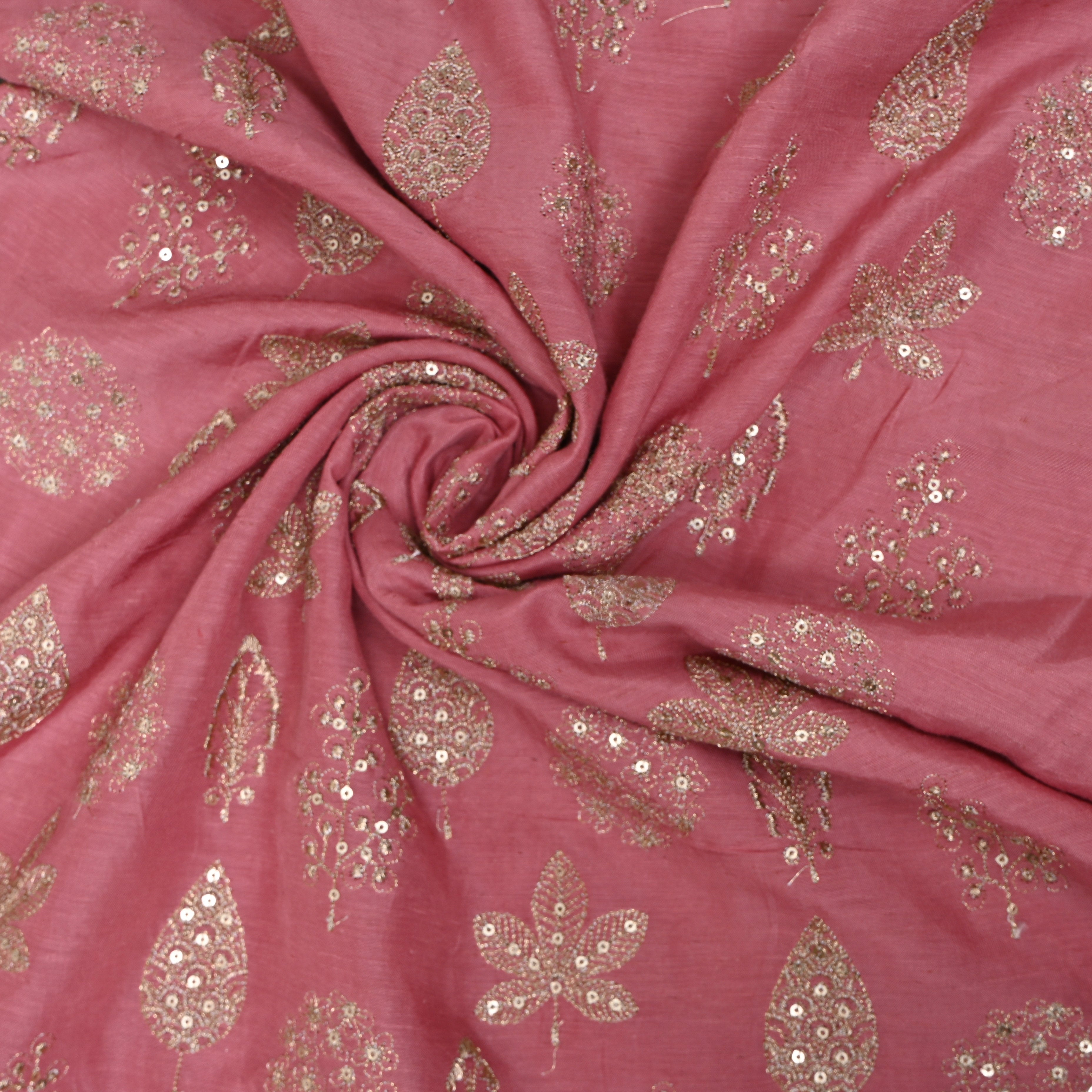 Rose Pink Mixed Leaf Sequin Embroidery Silk Fabric