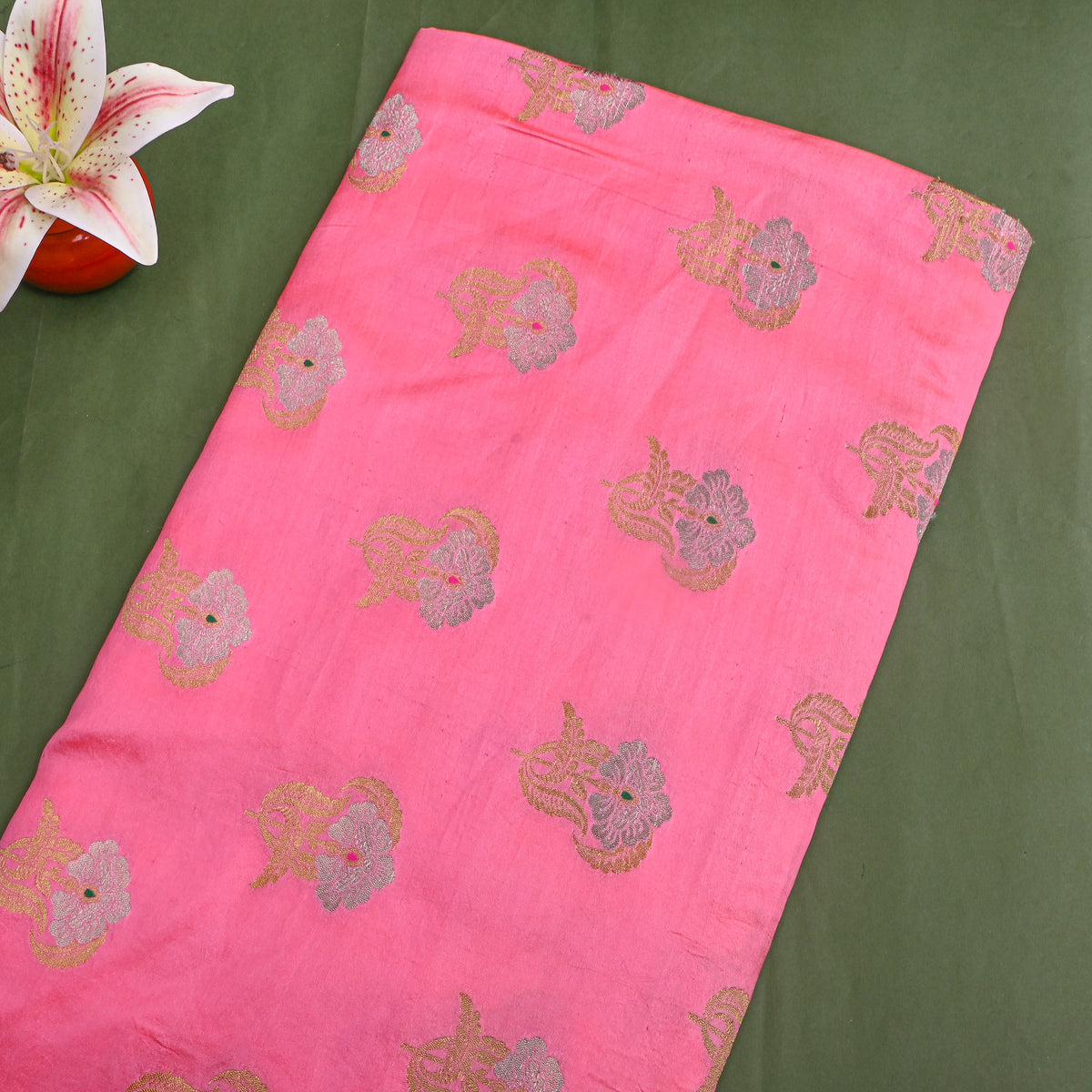 Bright Pink Dual Zari Floral Butti Banarasi Silk Fabric