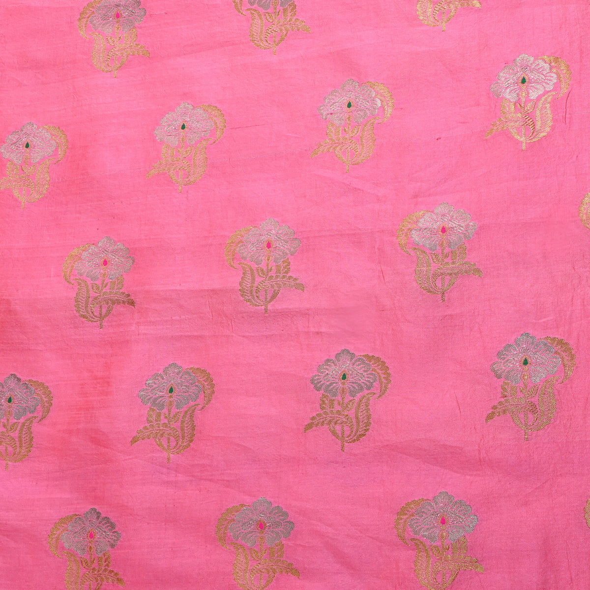 Bright Pink Dual Zari Floral Butti Banarasi Silk Fabric