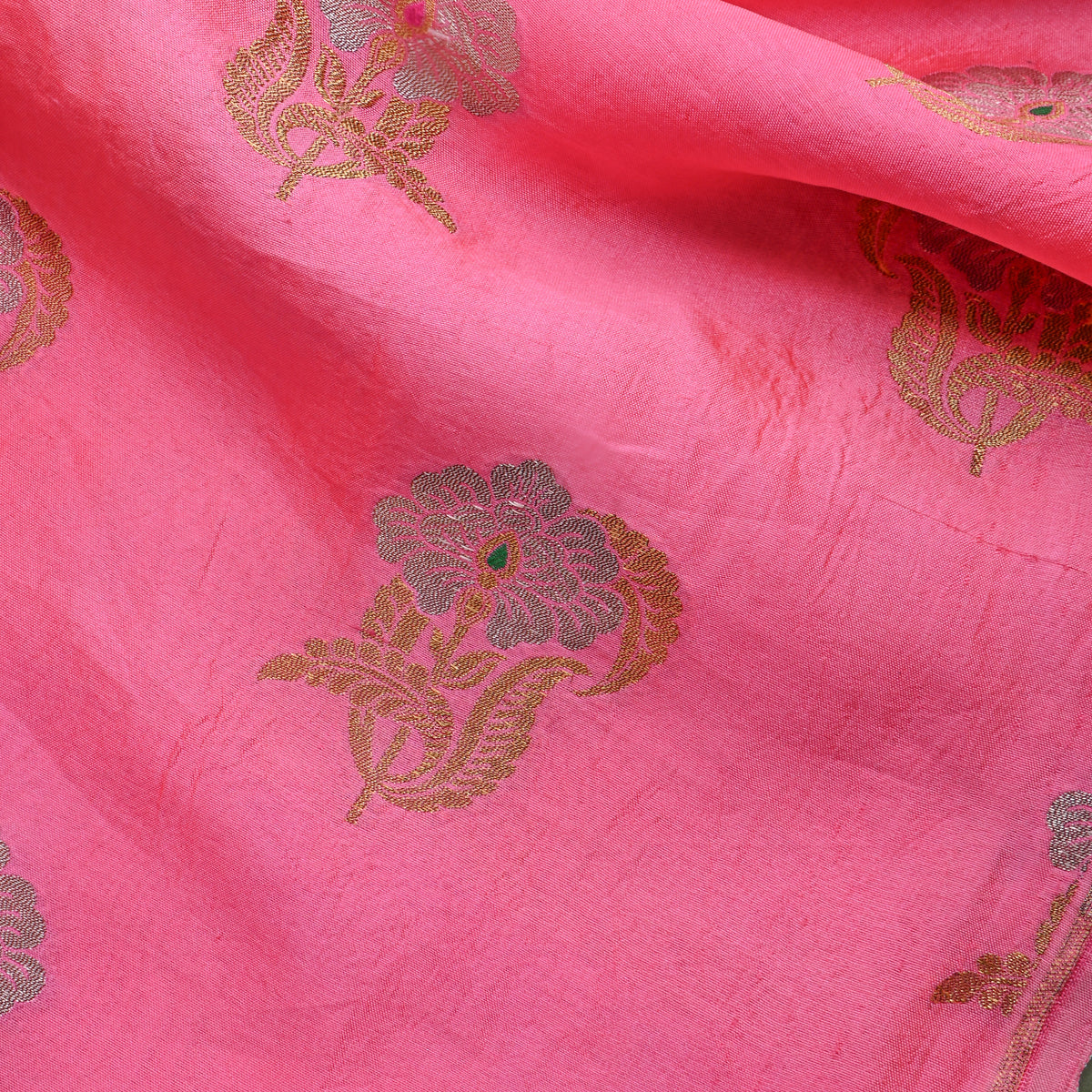 Bright Pink Dual Zari Floral Butti Banarasi Silk Fabric