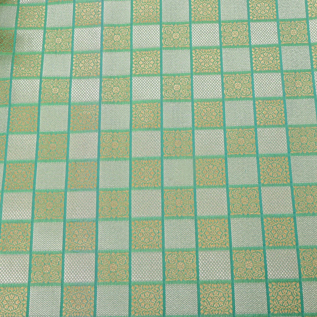 Sea Green Dual Tone Geometric Checks Jamawar Silk Fabric